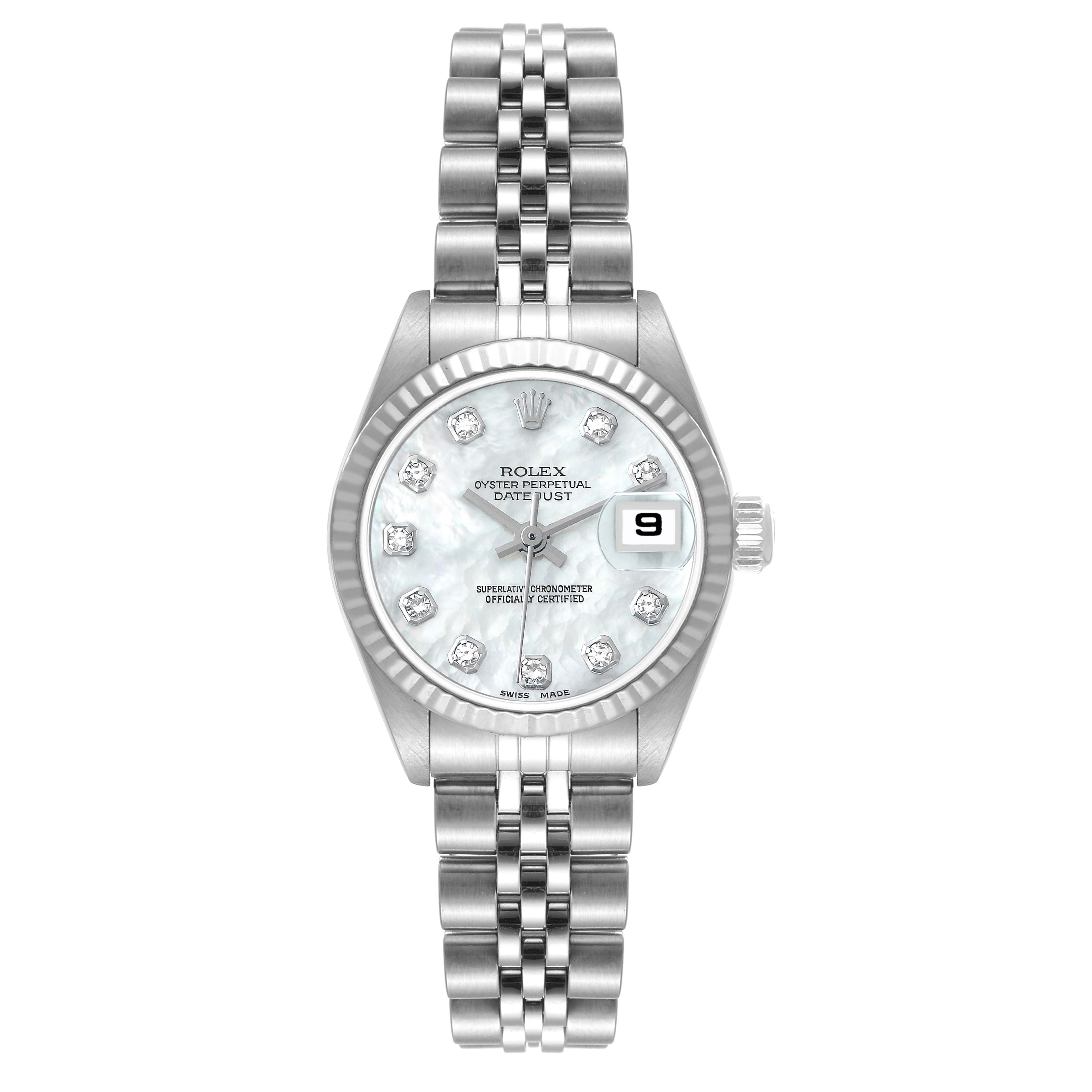 This image shows a front view of the Rolex Datejust 79174 Women's Stainless Steel Mother of Pearl Dial 79174 Women's Stainless Steel Mother of Pearl Dial watch model, displaying its bracelet, dial, bezel, and date window.