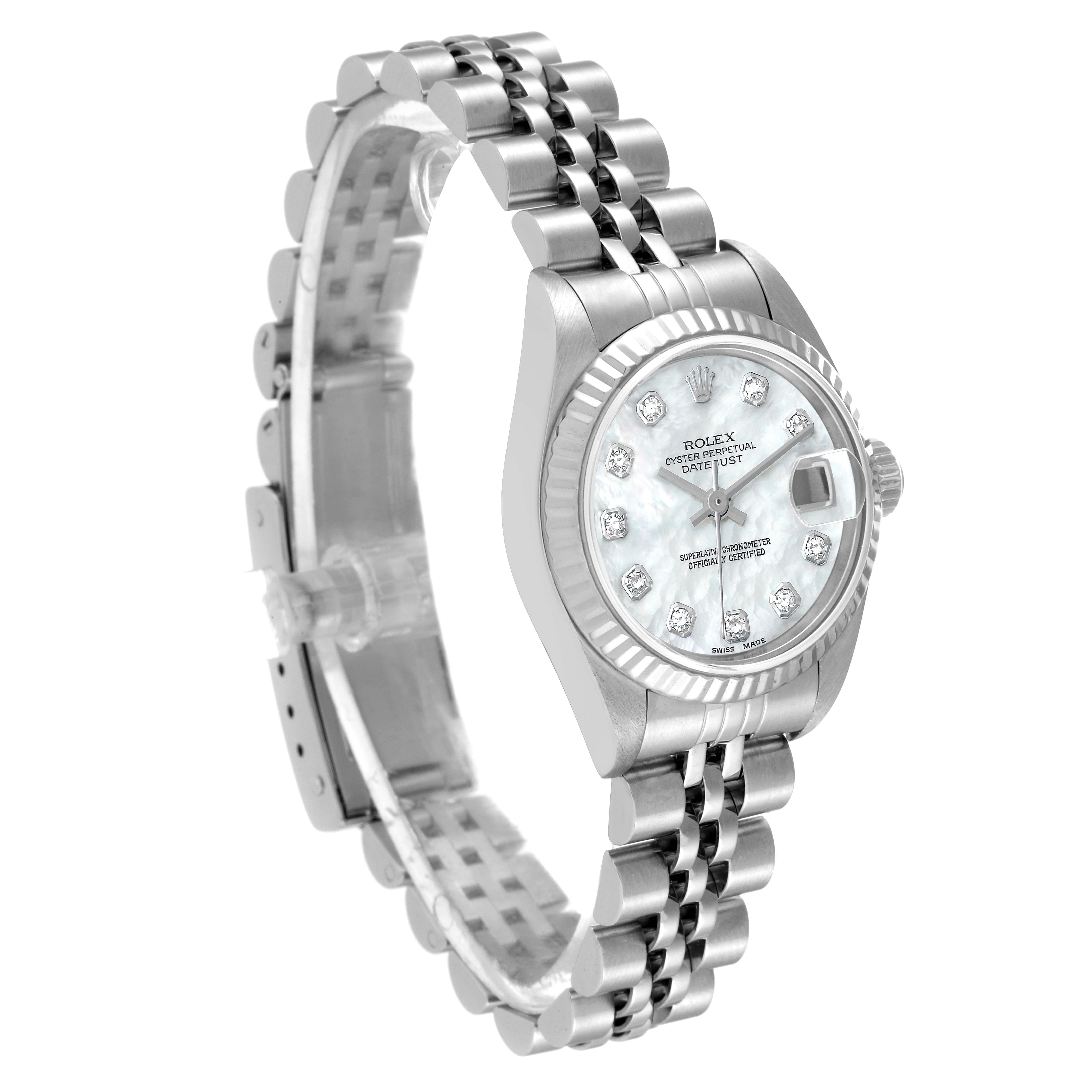 This image shows a Rolex Datejust 79174 Women's Stainless Steel Mother of Pearl Dial 79174 Women's Stainless Steel Mother of Pearl Dial watch at a slight angle, highlighting the bracelet, bezel, and dial.