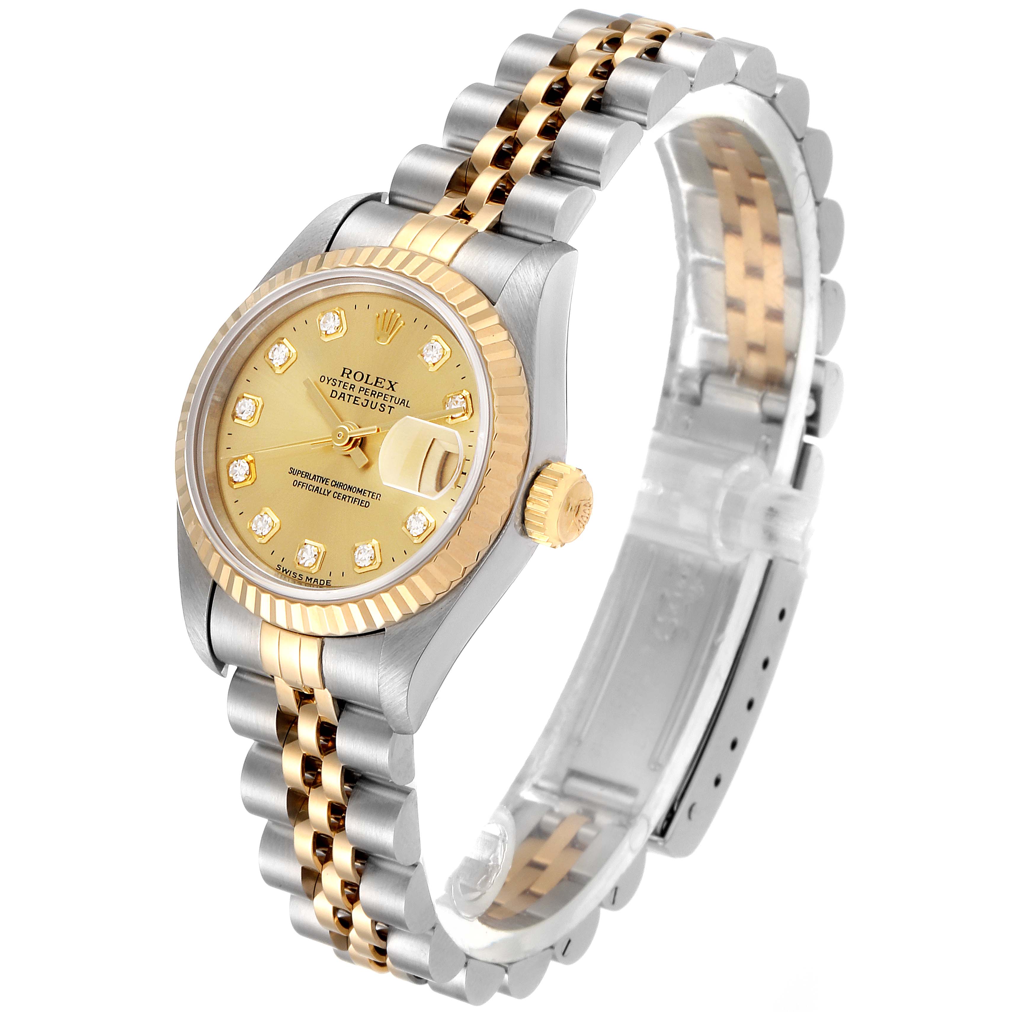 The image shows a Rolex Datejust 69173 Women
s Steel and Gold (two tone) Champagne Dial 69173 Women
s Steel and Gold (two tone) Champagne Dial watch at a three-quarter angle, highlighting its dial, bracelet, and bezel.