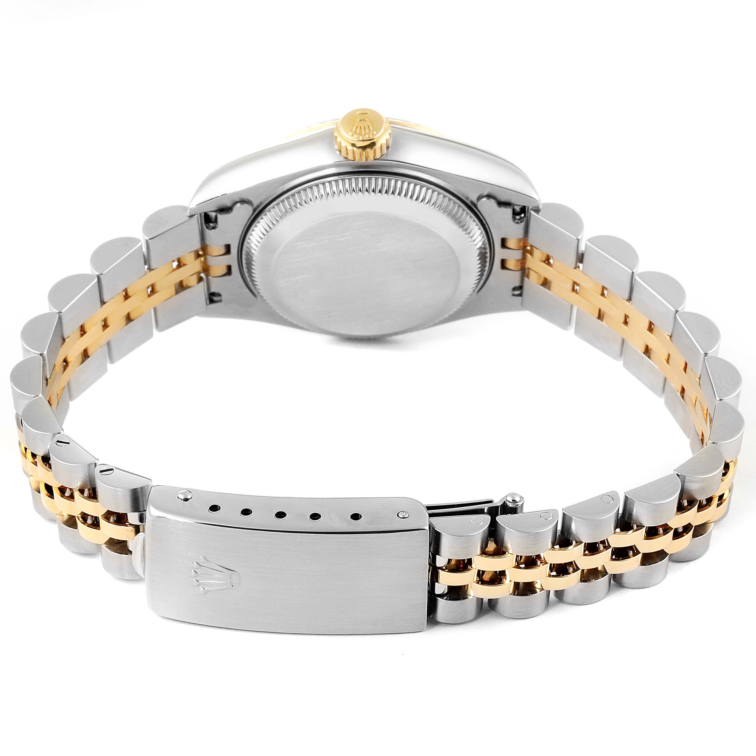 The image shows the back view of a Rolex Datejust 69173 Women
s Steel and Gold (two tone) Champagne Dial 69173 Women
s Steel and Gold (two tone) Champagne Dial watch, highlighting the case back and the two-tone bracelet with a clasp.