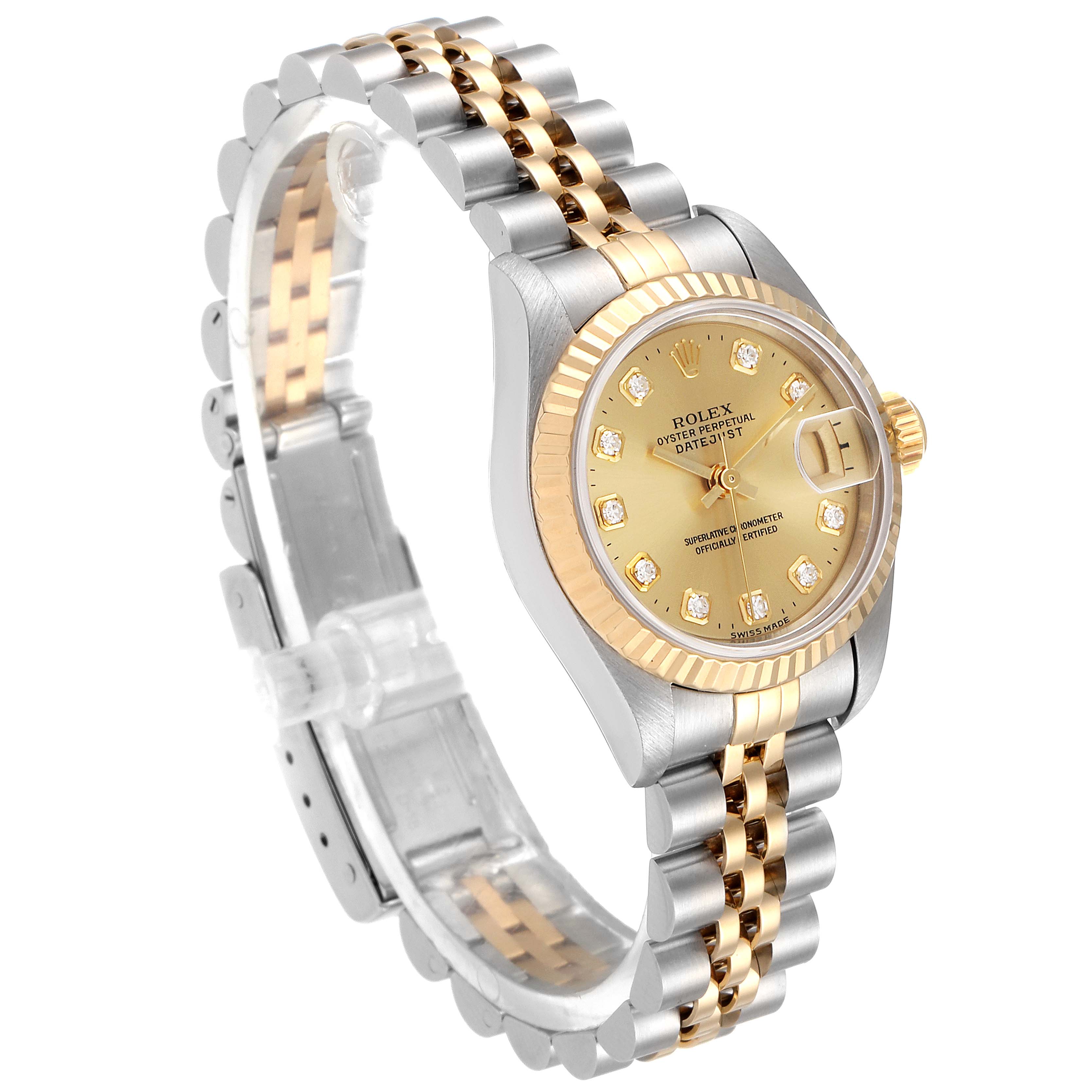 The Rolex Datejust 69173 Women
s Steel and Gold (two tone) Champagne Dial 69173 Women
s Steel and Gold (two tone) Champagne Dial watch is shown at a side-angle, highlighting its two-tone bracelet, gold bezel, and dial with date magnifier.