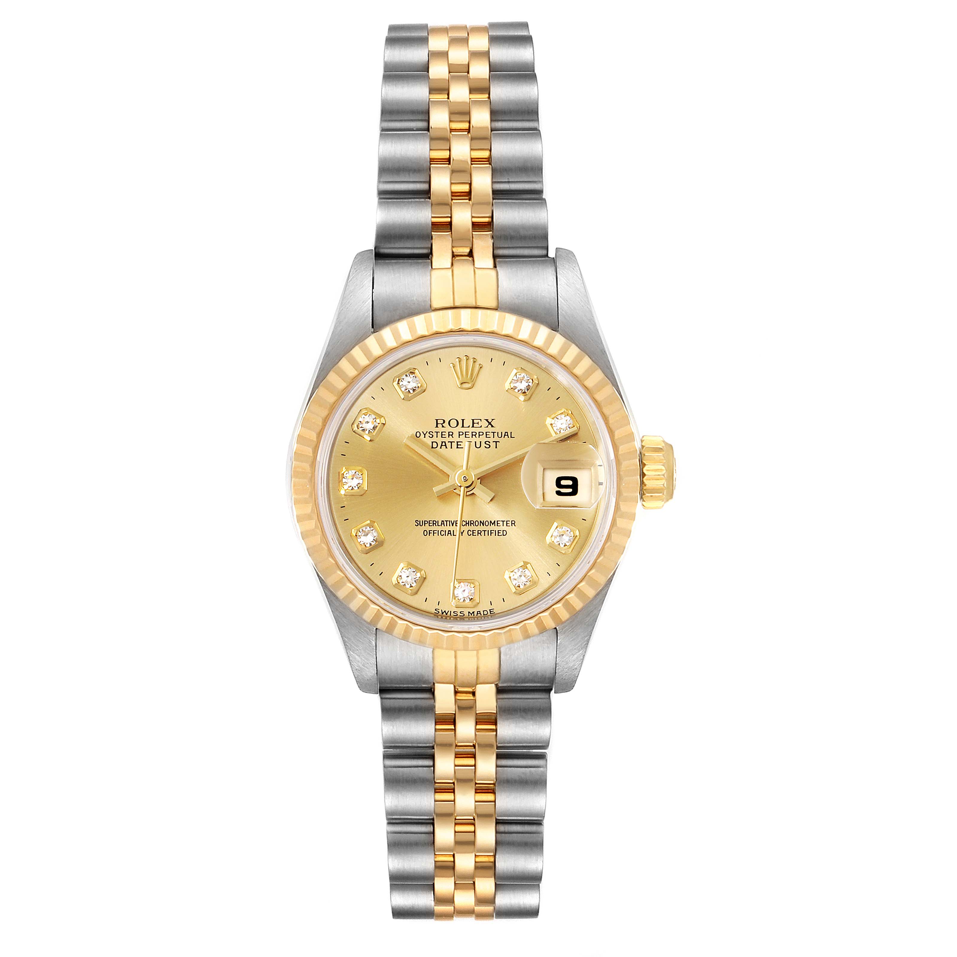 The image shows a Rolex Datejust 69173 Women
s Steel and Gold (two tone) Champagne Dial 69173 Women
s Steel and Gold (two tone) Champagne Dial watch from a front view, highlighting its gold and silver bracelet, dial, and date window.