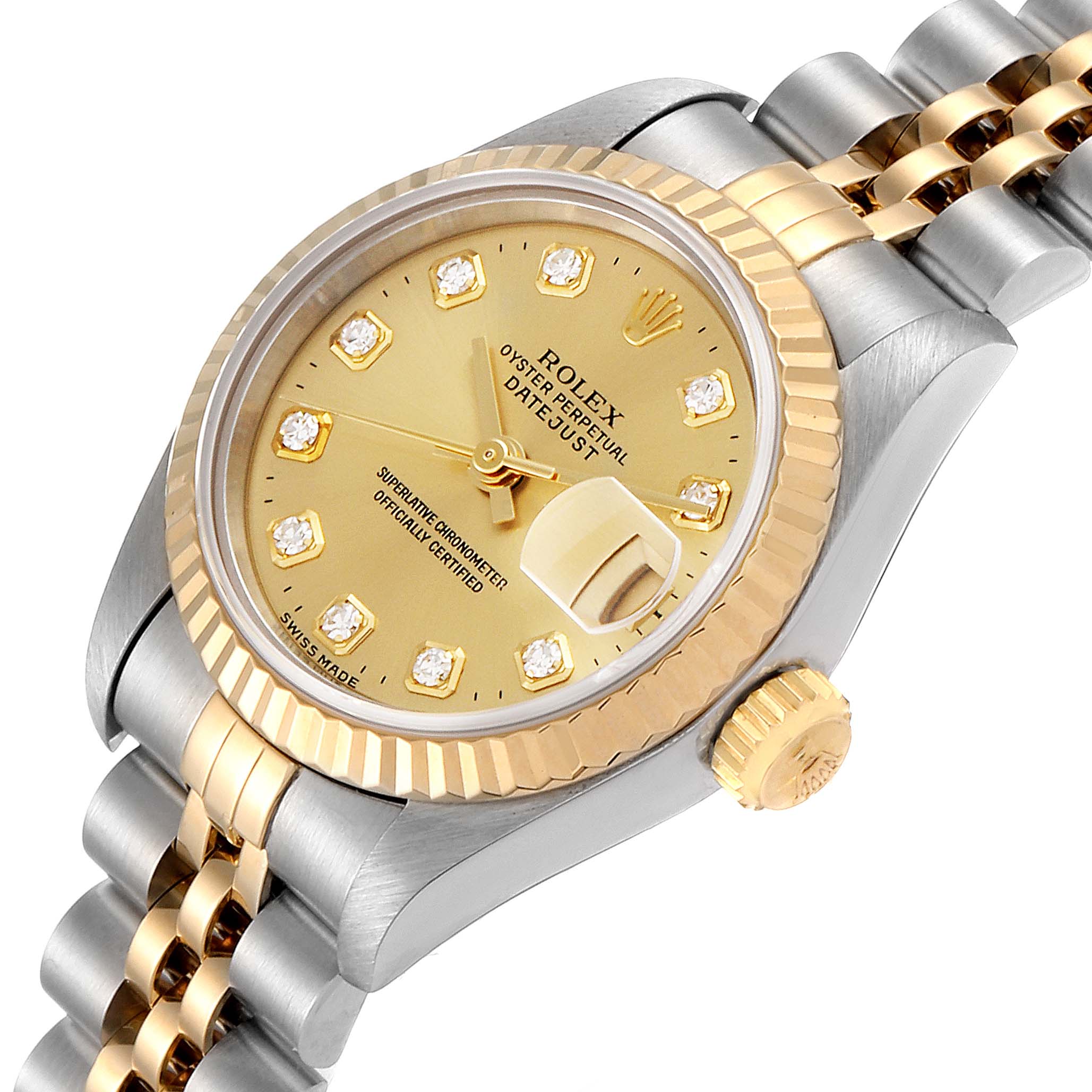 The image shows a Rolex Datejust 69173 Women
s Steel and Gold (two tone) Champagne Dial 69173 Women
s Steel and Gold (two tone) Champagne Dial watch at a slight angle, revealing the dial, crown, bezel, and part of the bracelet.