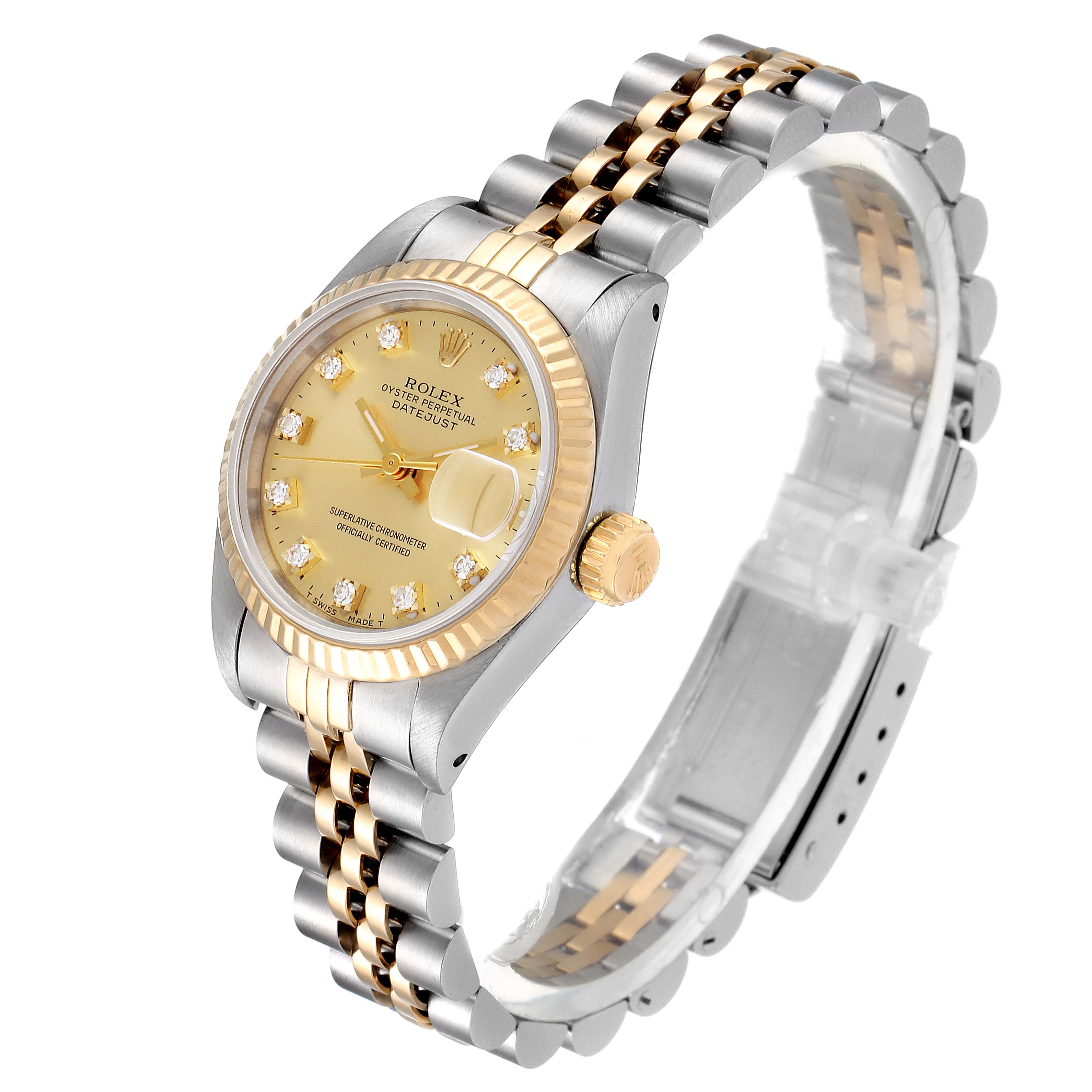 This image shows a Rolex Datejust 69173 Women
s Steel and Gold (two tone) Champagne Dial 69173 Women
s Steel and Gold (two tone) Champagne Dial watch angled to highlight the gold and silver bracelet, dial, bezel, and crown.