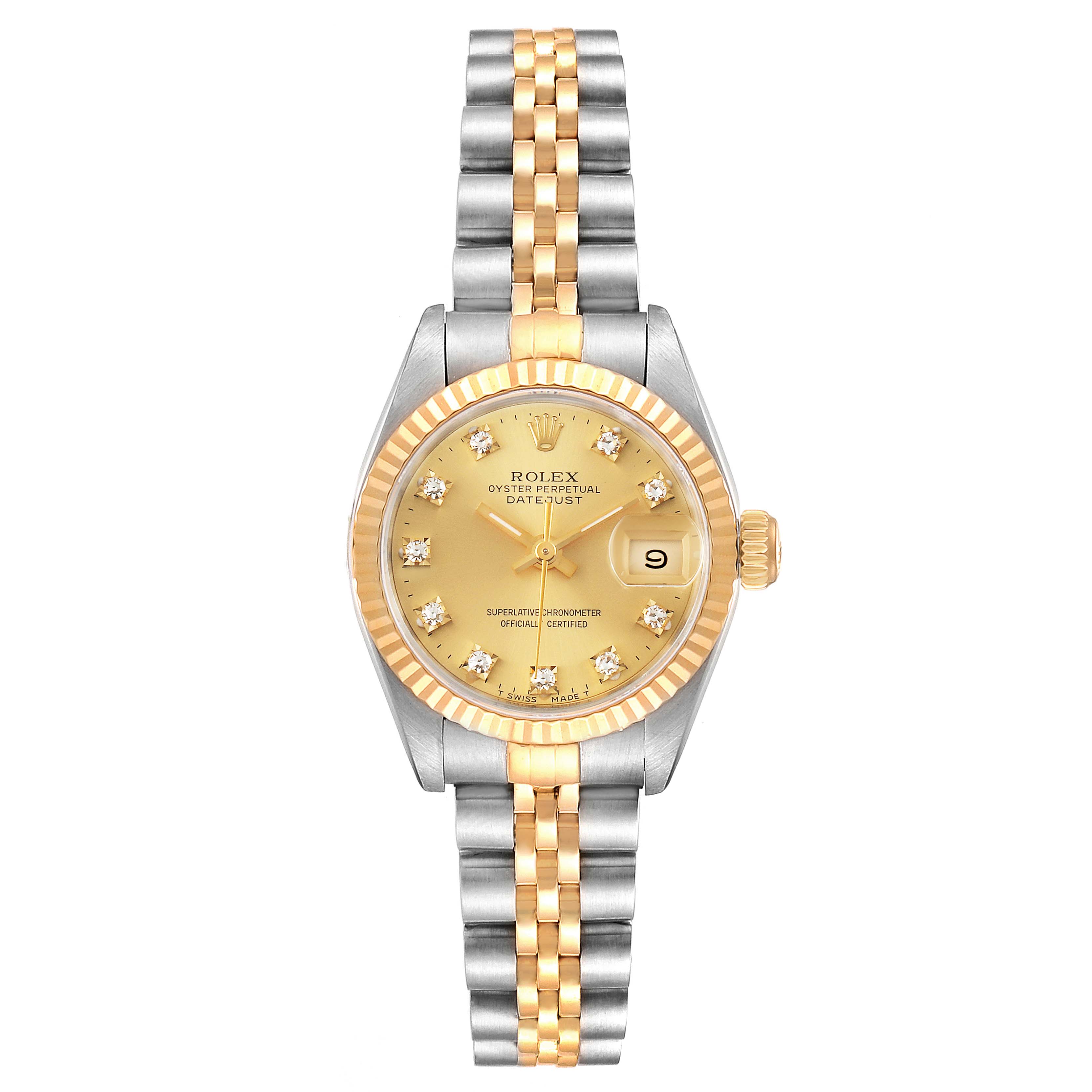 The image shows a front view of a Rolex Datejust 69173 Women
s Steel and Gold (two tone) Champagne Dial 69173 Women
s Steel and Gold (two tone) Champagne Dial watch, highlighting its face, two-tone bracelet, and fluted bezel.