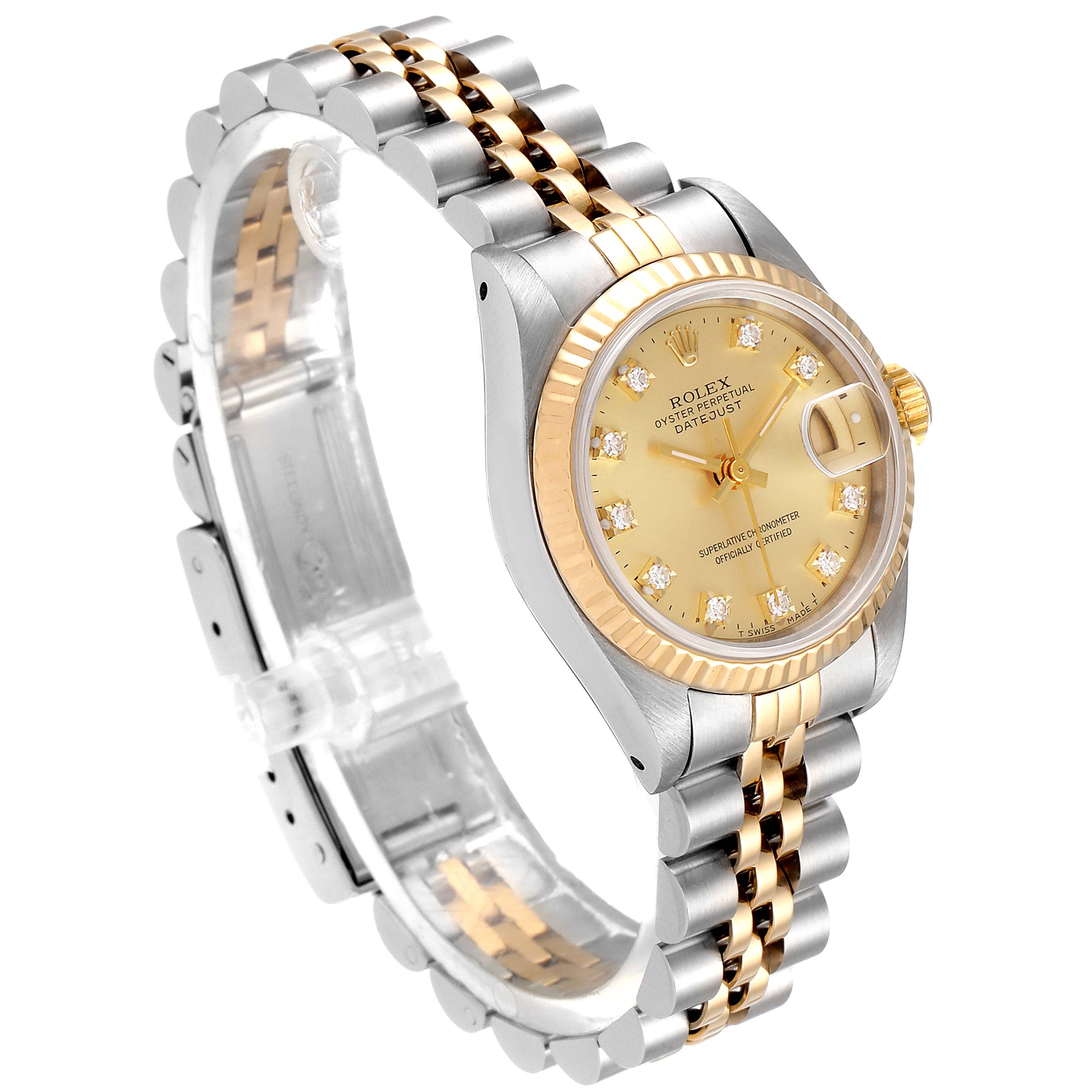 The Rolex Datejust 69173 Women
s Steel and Gold (two tone) Champagne Dial 69173 Women
s Steel and Gold (two tone) Champagne Dial watch is shown at an oblique angle, highlighting its face, bezel, and two-tone bracelet.