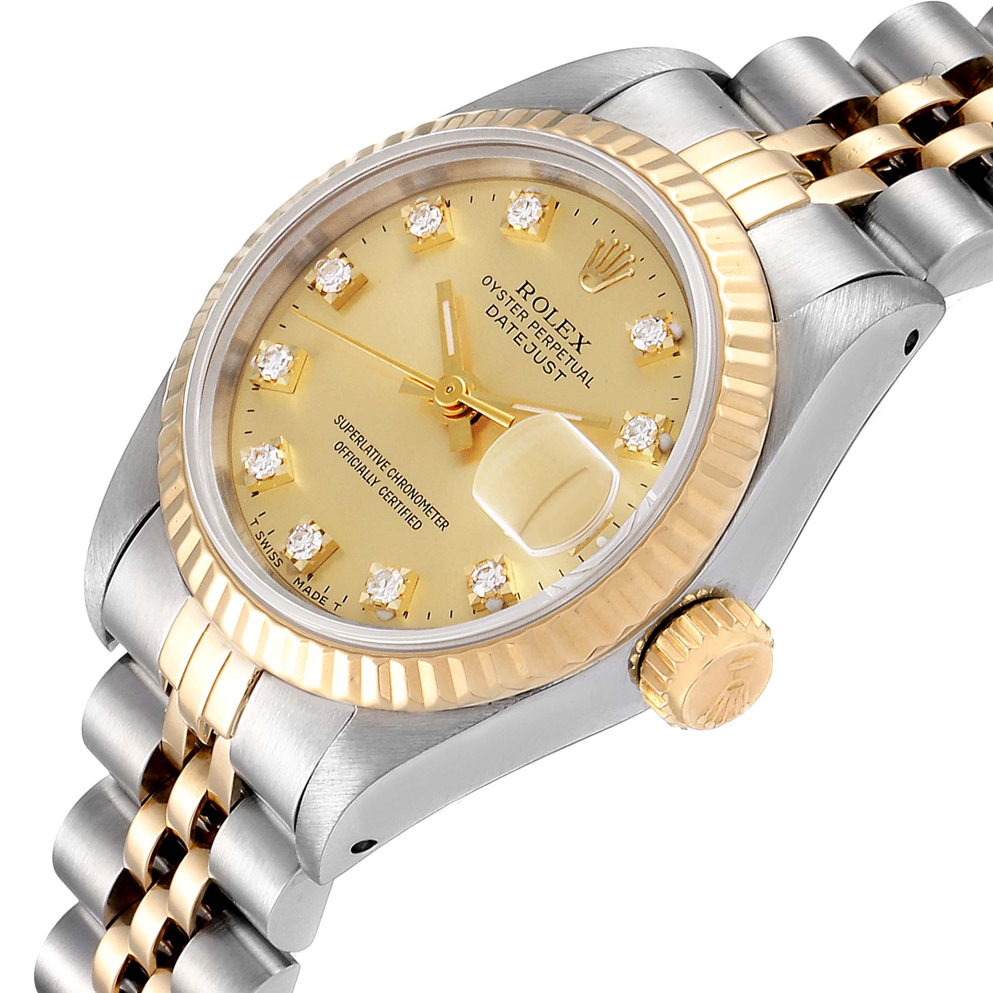 This image shows a Rolex Datejust 69173 Women
s Steel and Gold (two tone) Champagne Dial 69173 Women
s Steel and Gold (two tone) Champagne Dial watch at a slight angle, displaying the face, bezel, crown, and part of the bracelet.