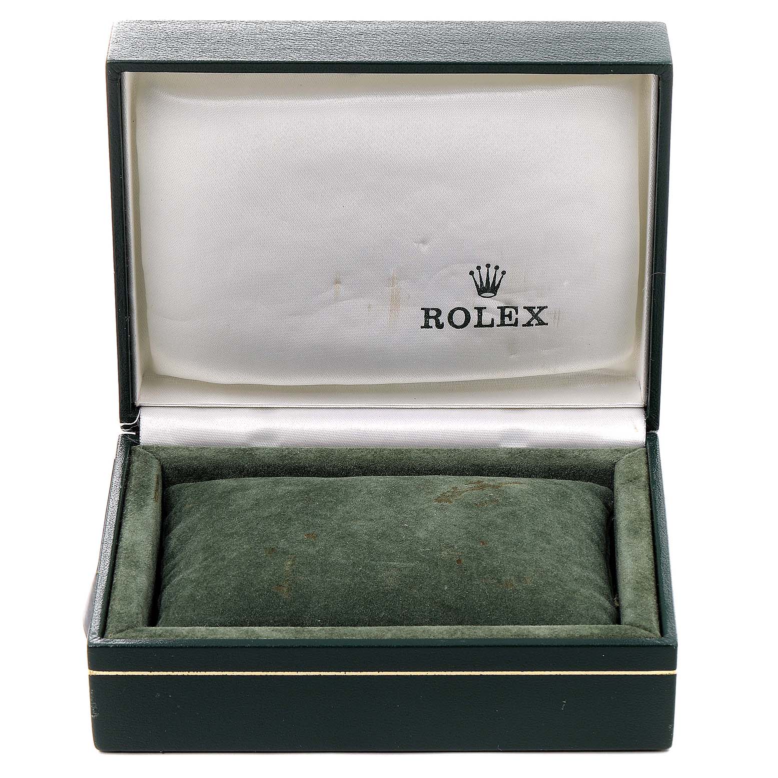 This is a Rolex Datejust 69173 Women
s Steel and Gold (two tone) Champagne Dial 69173 Women
s Steel and Gold (two tone) Champagne Dial watch box, shown open from a front angle with green interior and the Rolex logo.