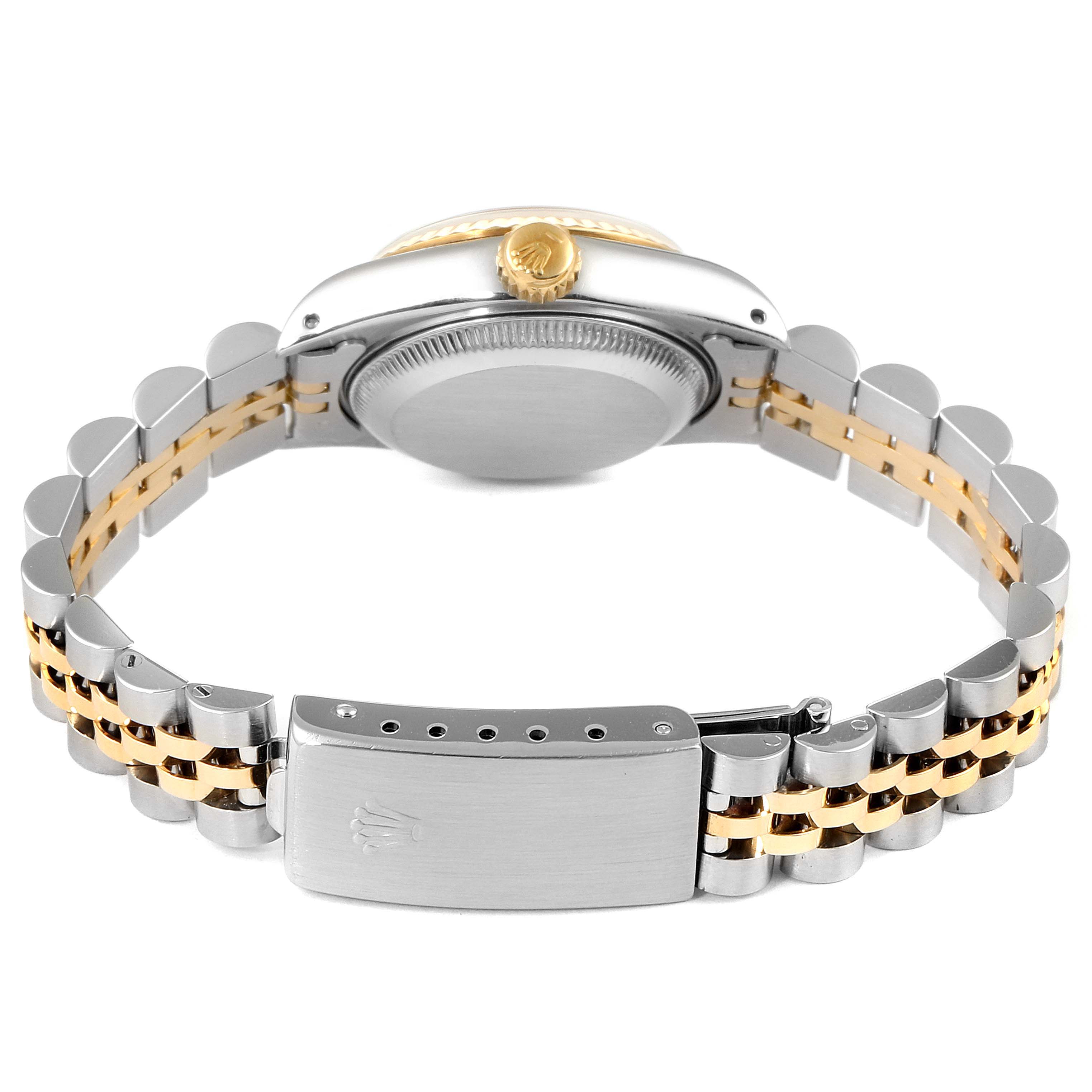 The image shows the back view of the Rolex Datejust 69173 Women
s Steel and Gold (two tone) Champagne Dial 69173 Women
s Steel and Gold (two tone) Champagne Dial watch, focusing on the case back, crown, and two-tone jubilee bracelet.