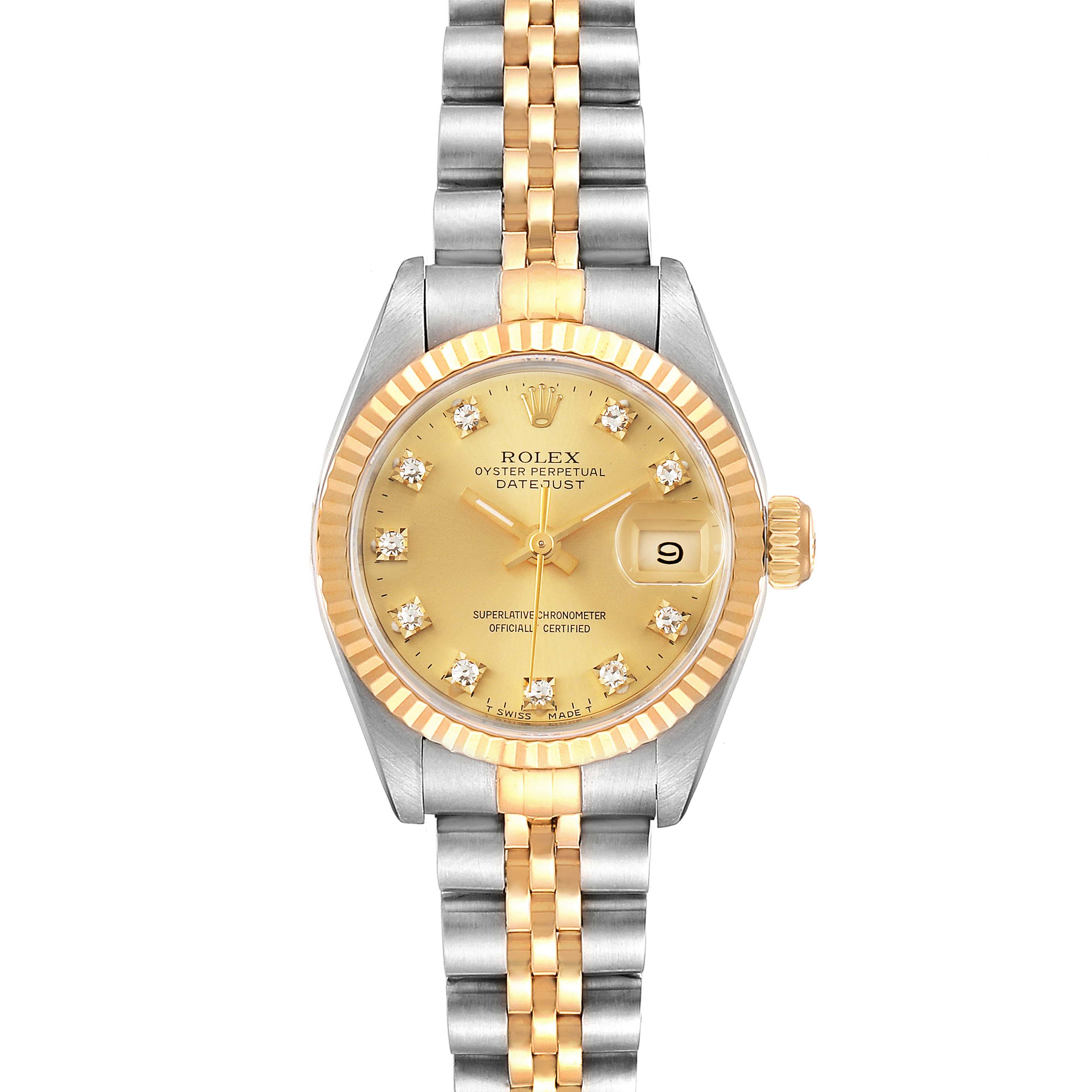 The Rolex Datejust 69173 Women
s Steel and Gold (two tone) Champagne Dial 69173 Women
s Steel and Gold (two tone) Champagne Dial watch is shown from a front angle, displaying its face, bezel, bracelet, and date window.