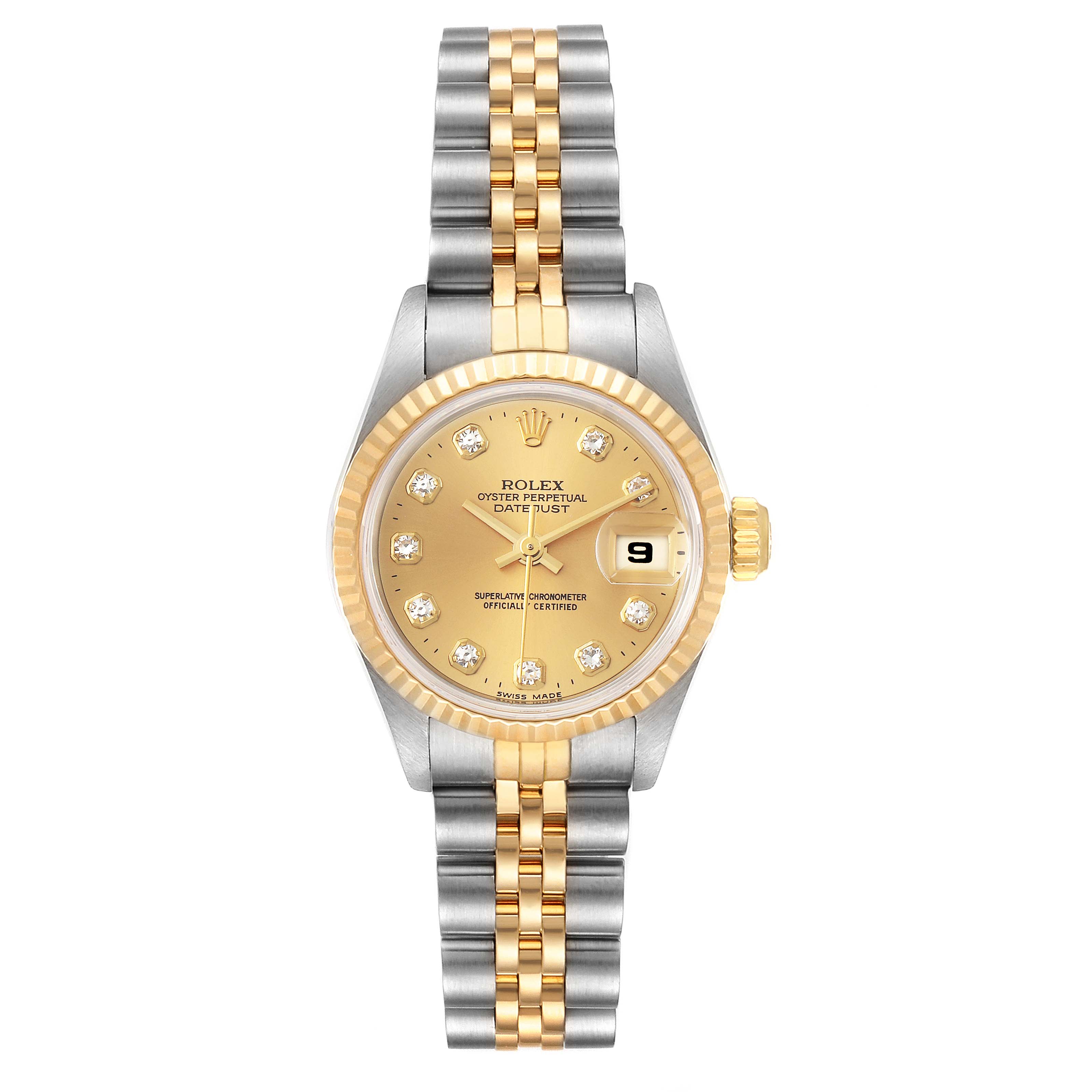 This image shows a frontal view of a Rolex Datejust 69173 Women's Steel and Gold (two tone) Champagne Dial 69173 Women's Steel and Gold (two tone) Champagne Dial model watch featuring a bi-metal bracelet and diamond indices on the dial.