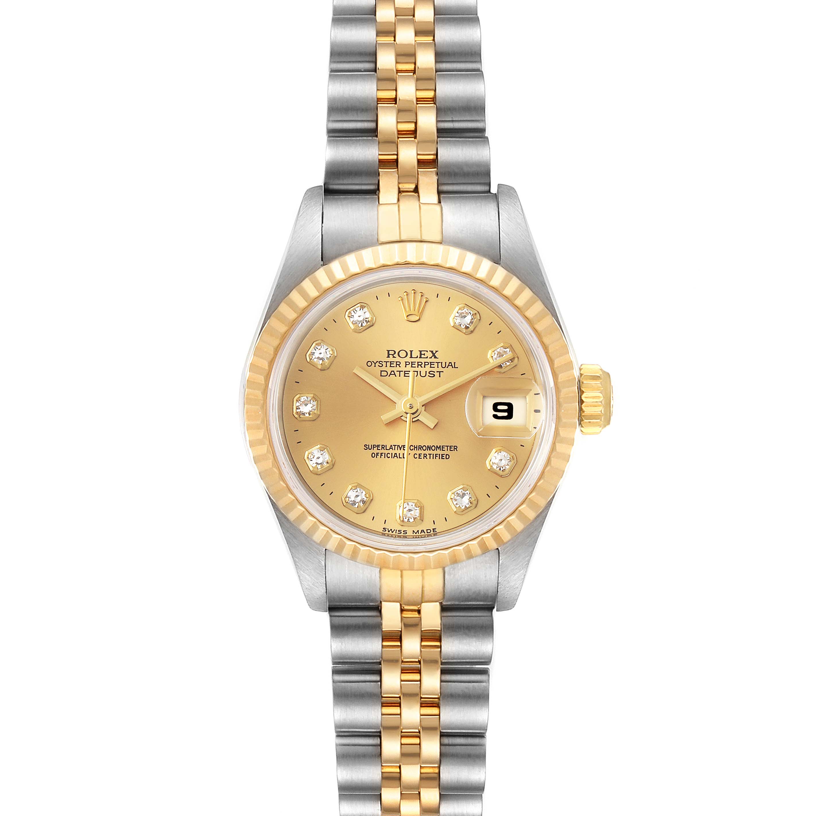 This image shows a front view of a Rolex Datejust 69173 Women's Steel and Gold (two tone) Champagne Dial 69173 Women's Steel and Gold (two tone) Champagne Dial watch, highlighting its face, dial, bezel, and two-tone bracelet.