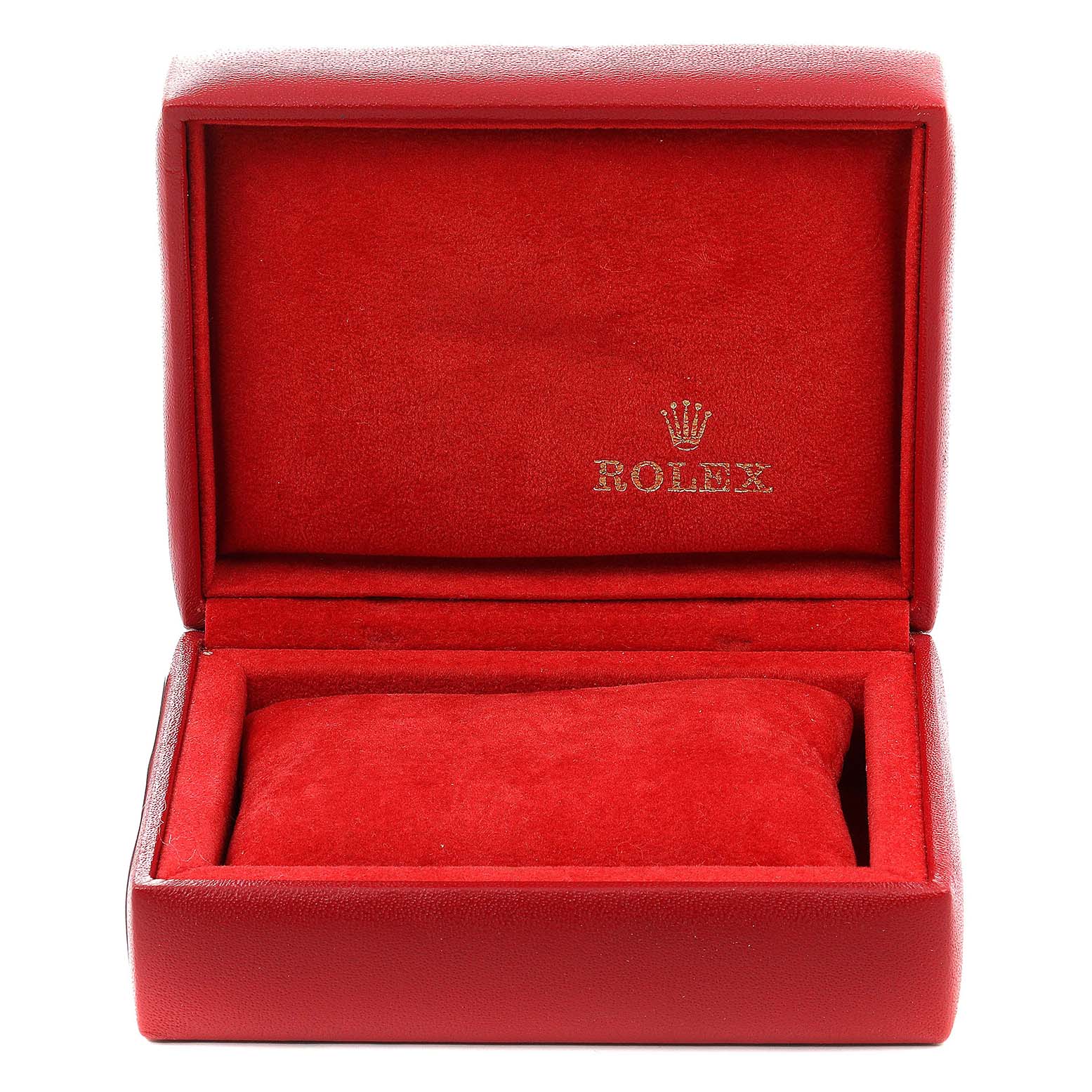 The image shows a red Rolex Datejust 69173 Women's Steel and Gold (two tone) Champagne Dial 69173 Women's Steel and Gold (two tone) Champagne Dial watch box open, with an empty watch cushion inside.