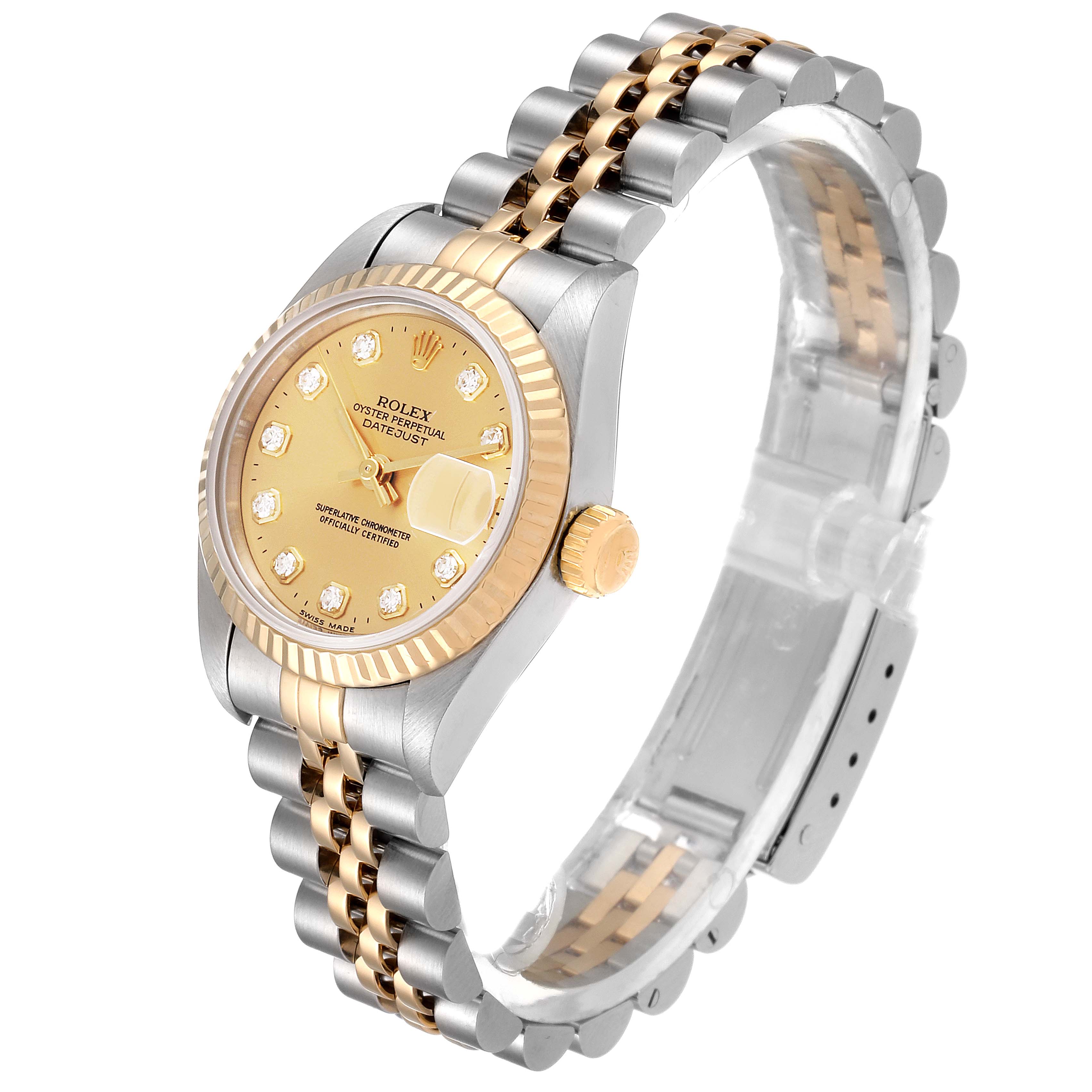 This image shows a Rolex Datejust 69173 Women's Steel and Gold (two tone) Champagne Dial 69173 Women's Steel and Gold (two tone) Champagne Dial watch at a slight angle, highlighting its gold and silver bracelet, bezel, and dial with diamond markers.