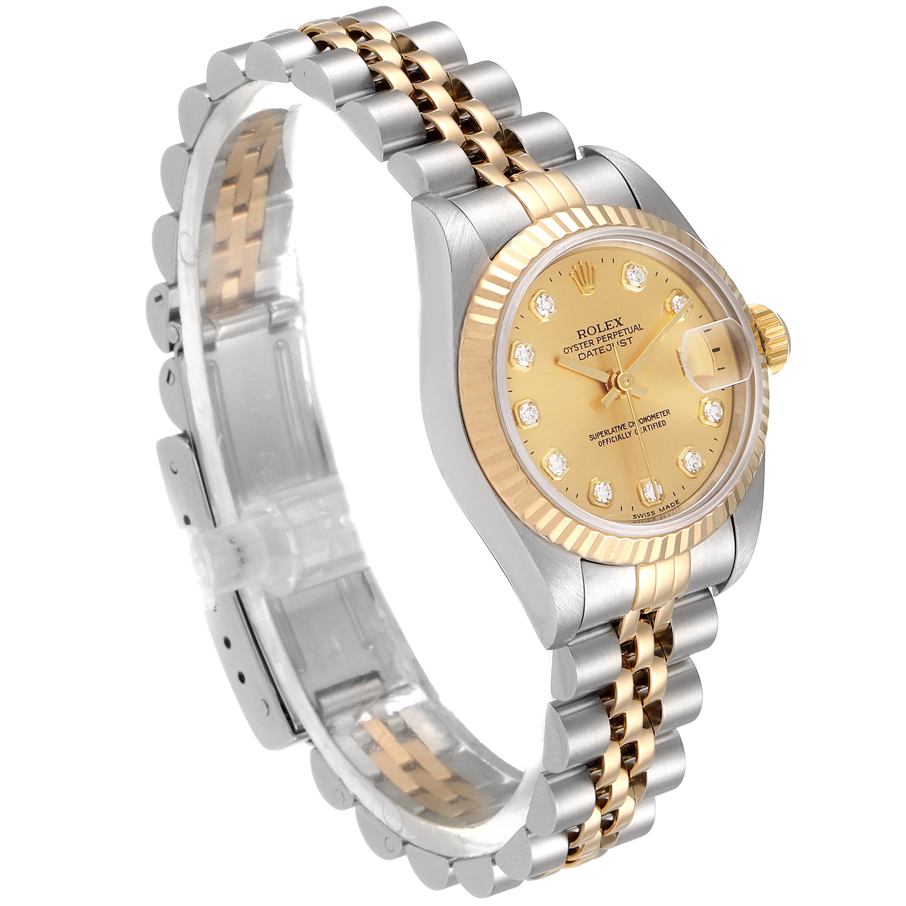 The Rolex Datejust 69173 Women's Steel and Gold (two tone) Champagne Dial 69173 Women's Steel and Gold (two tone) Champagne Dial watch is shown at a slight left angle, displaying its gold dial, fluted bezel, and dual-tone bracelet.
