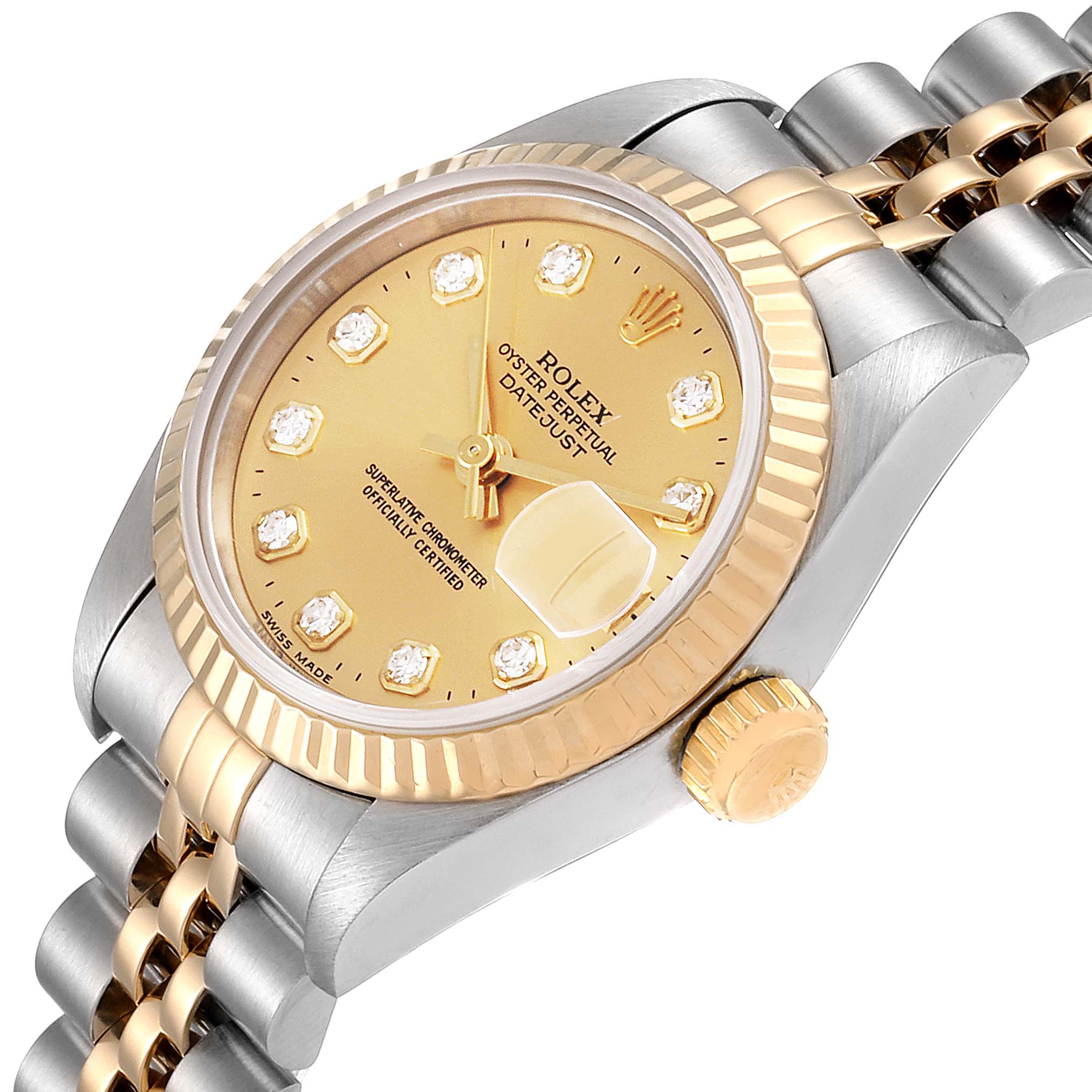 The image shows a Rolex Datejust 69173 Women's Steel and Gold (two tone) Champagne Dial 69173 Women's Steel and Gold (two tone) Champagne Dial watch at an angle, highlighting the dial, bezel, crown, and part of the bracelet.