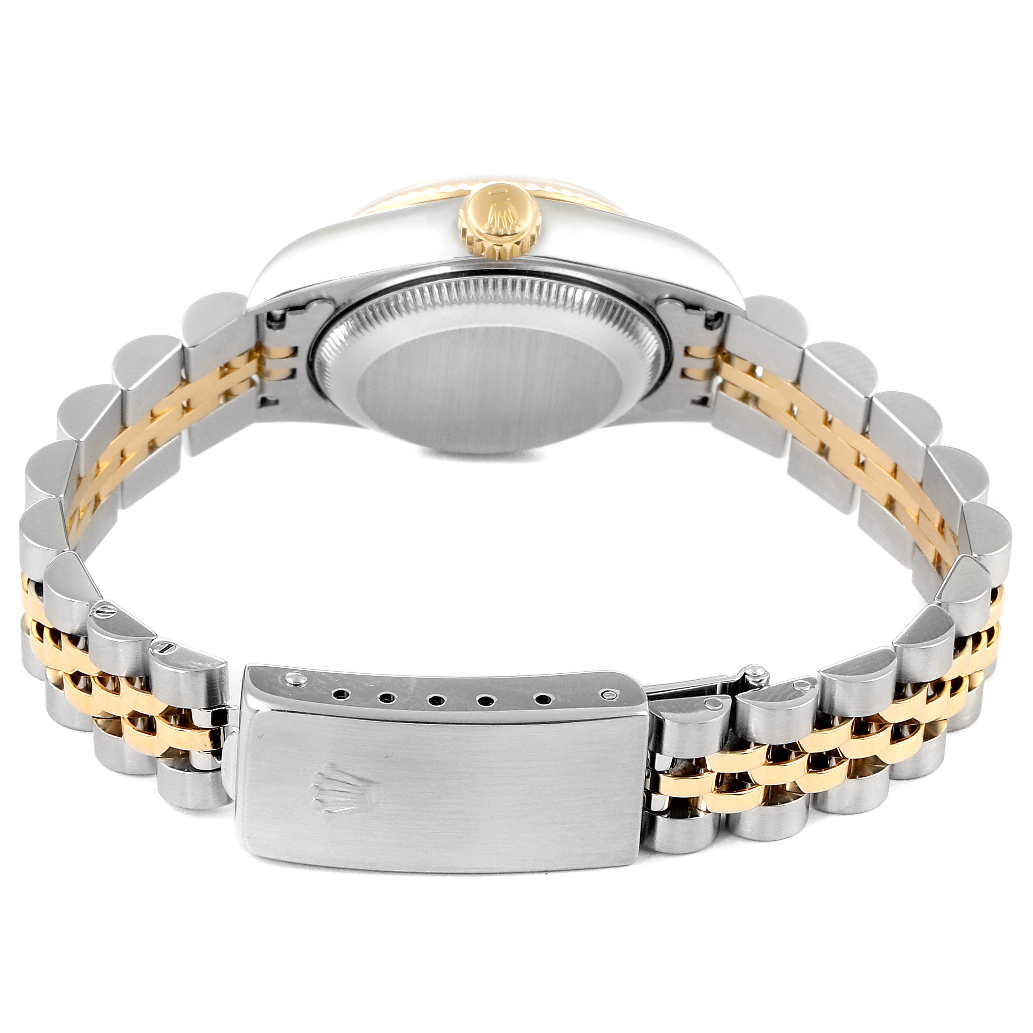 The image shows the back view of a Rolex Datejust 69173 Women's Steel and Gold (two tone) Champagne Dial 69173 Women's Steel and Gold (two tone) Champagne Dial watch, focusing on the case back and two-tone bracelet clasp.