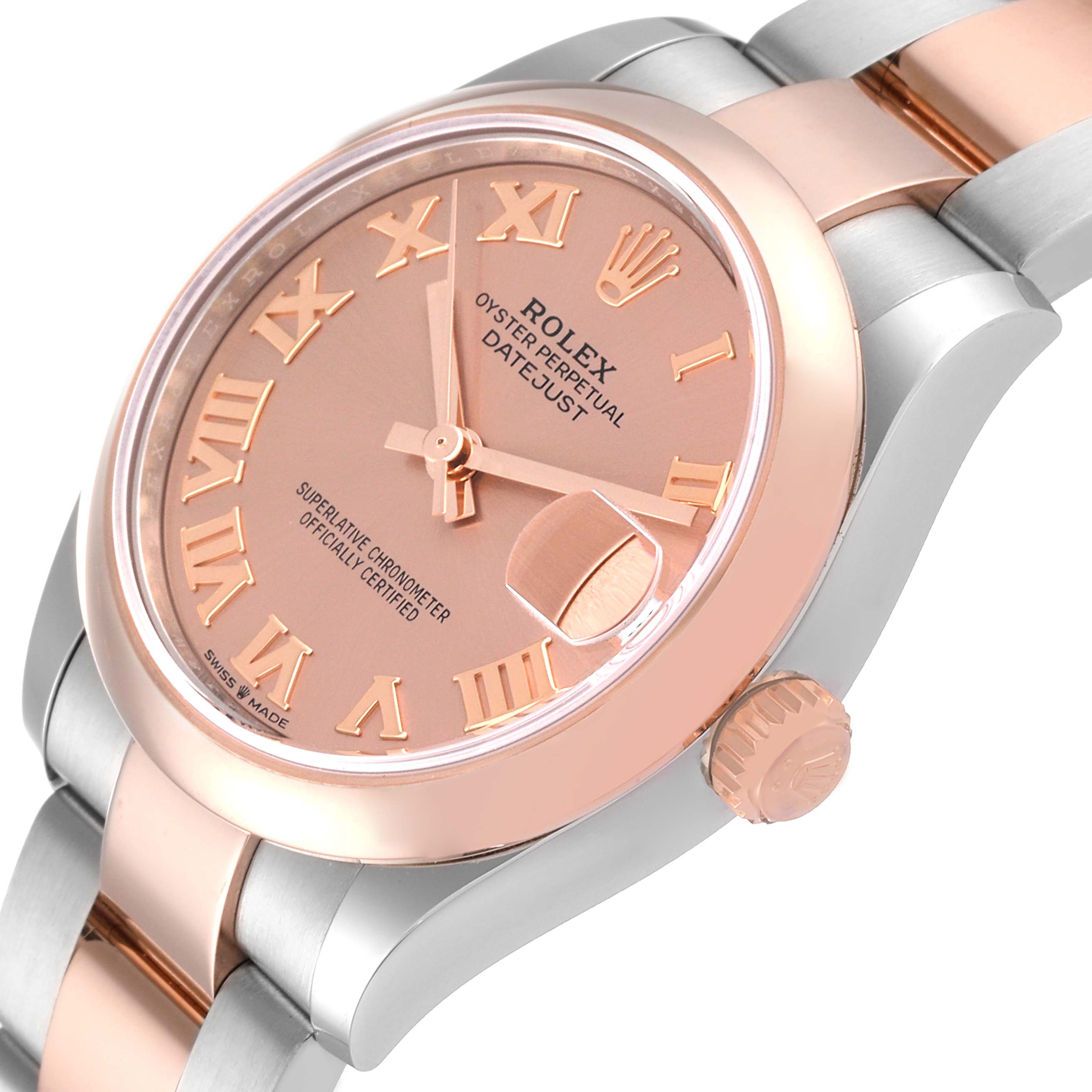 The image shows a Rolex Mid-Size 278241 Women's Steel and Gold (two tone) Pink Dial 278241 Women's Steel and Gold (two tone) Pink Dial Datejust watch at a slight angle, focusing on the dial, bezel, and partial bracelet.