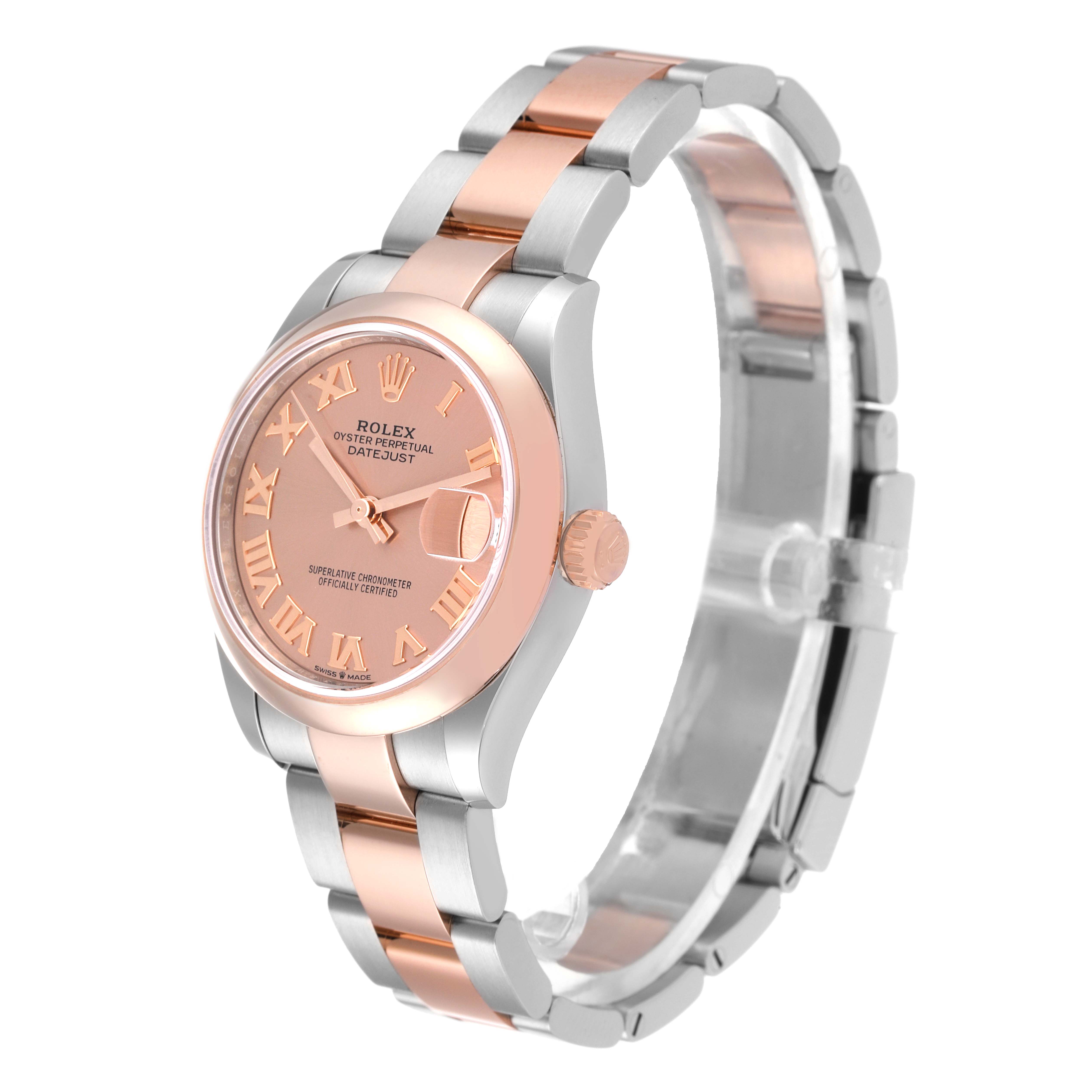 This image shows a Rolex Mid-Size 278241 Women's Steel and Gold (two tone) Pink Dial 278241 Women's Steel and Gold (two tone) Pink Dial Datejust watch at a slight angle, highlighting its rose gold and silver bracelet and pink dial.
