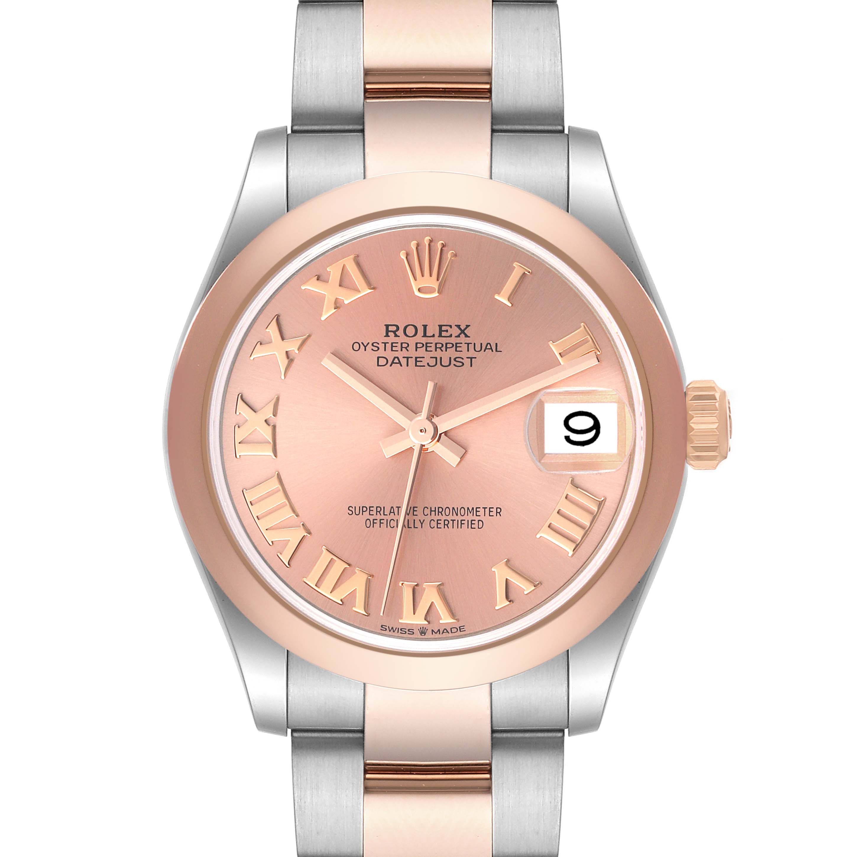 This image shows a frontal view of a mid-size Rolex Datejust watch, highlighting its face, bezel, and bracelet.