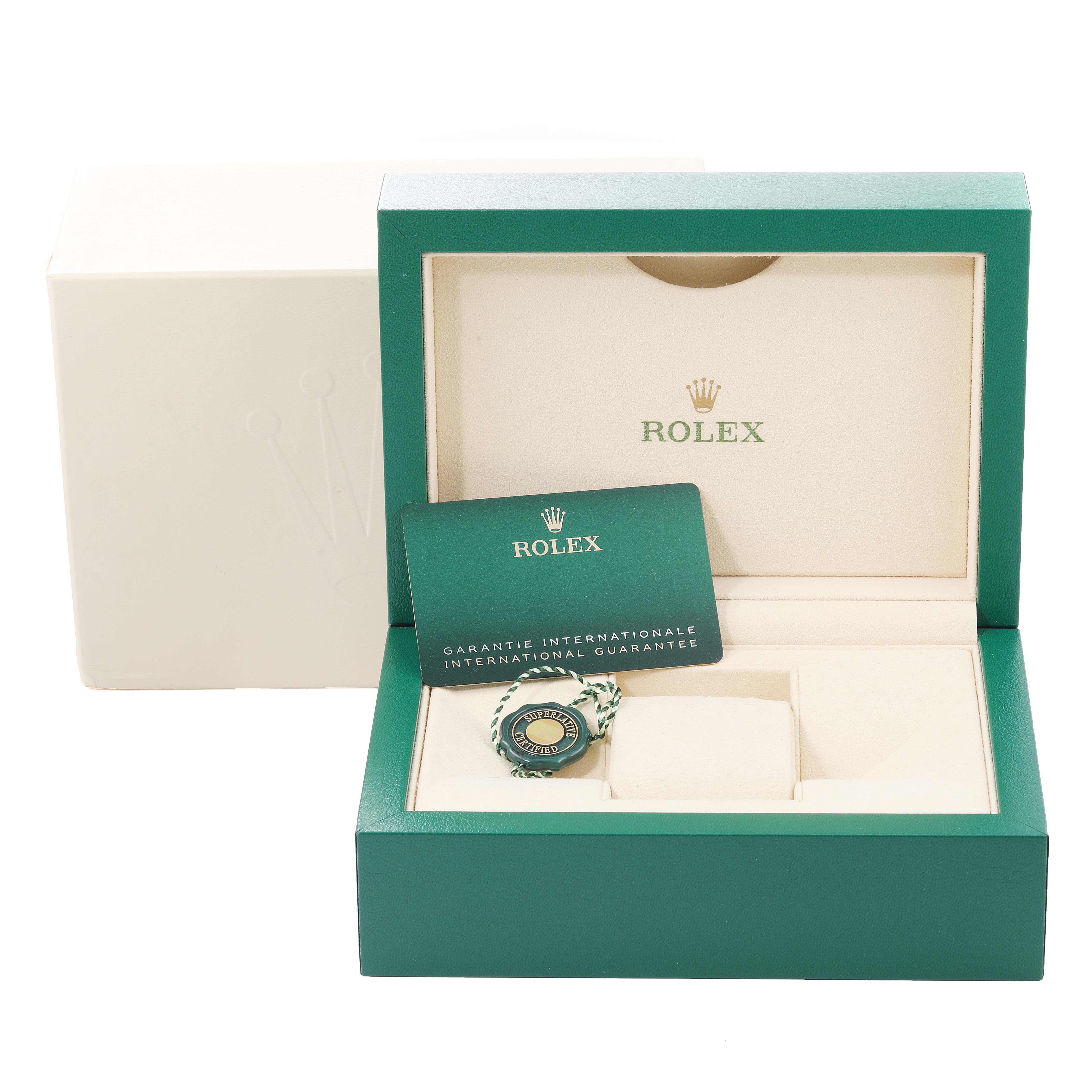 The image shows a Rolex Mid-Size 278241 Women's Steel and Gold (two tone) Pink Dial 278241 Women's Steel and Gold (two tone) Pink Dial watch box with guarantee card and a green tag, photographed from a front angle.