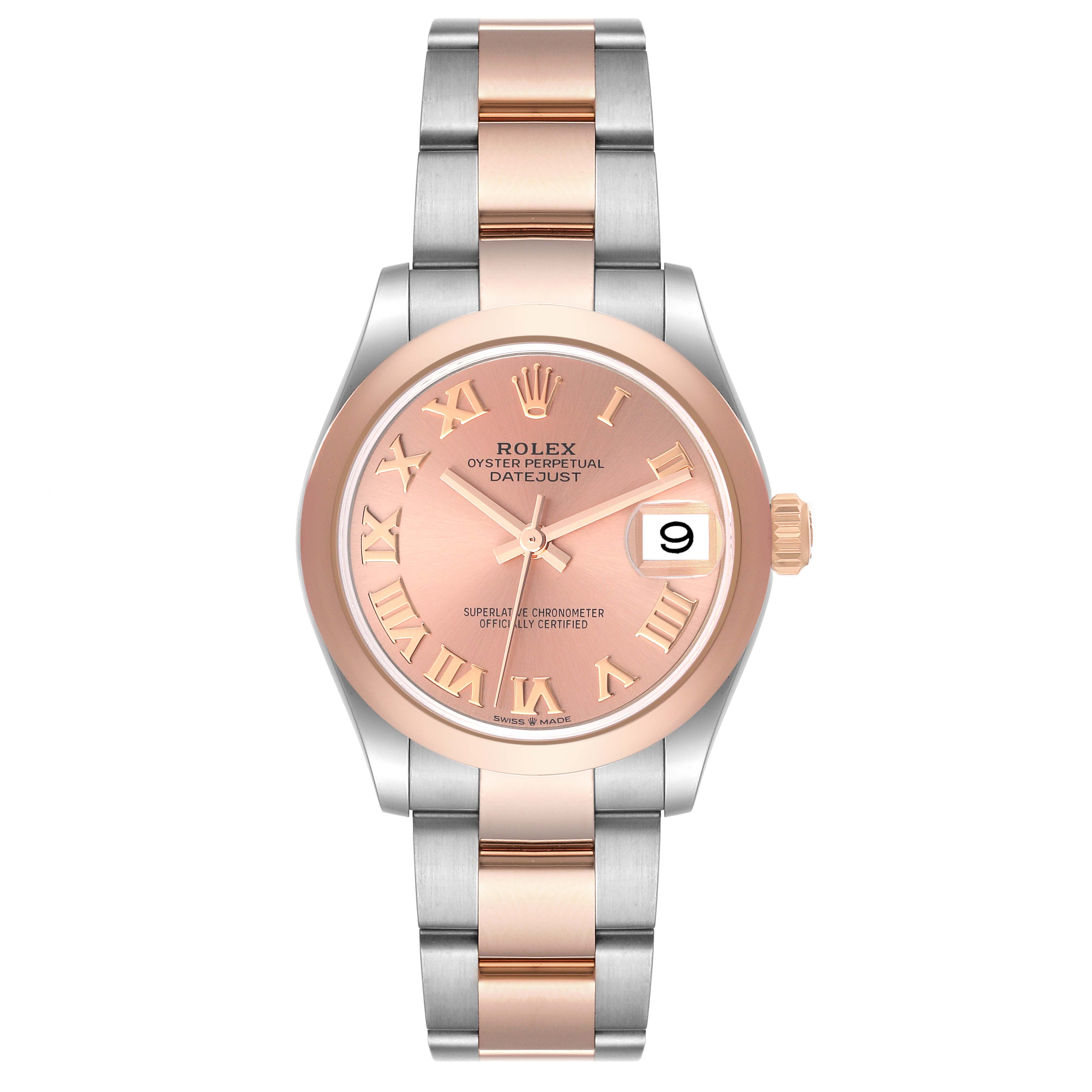 This image shows a front view of a Rolex Mid-Size 278241 Women's Steel and Gold (two tone) Pink Dial 278241 Women's Steel and Gold (two tone) Pink Dial Datejust watch, highlighting its pink dial, Roman numerals, two-tone bracelet, and date display.