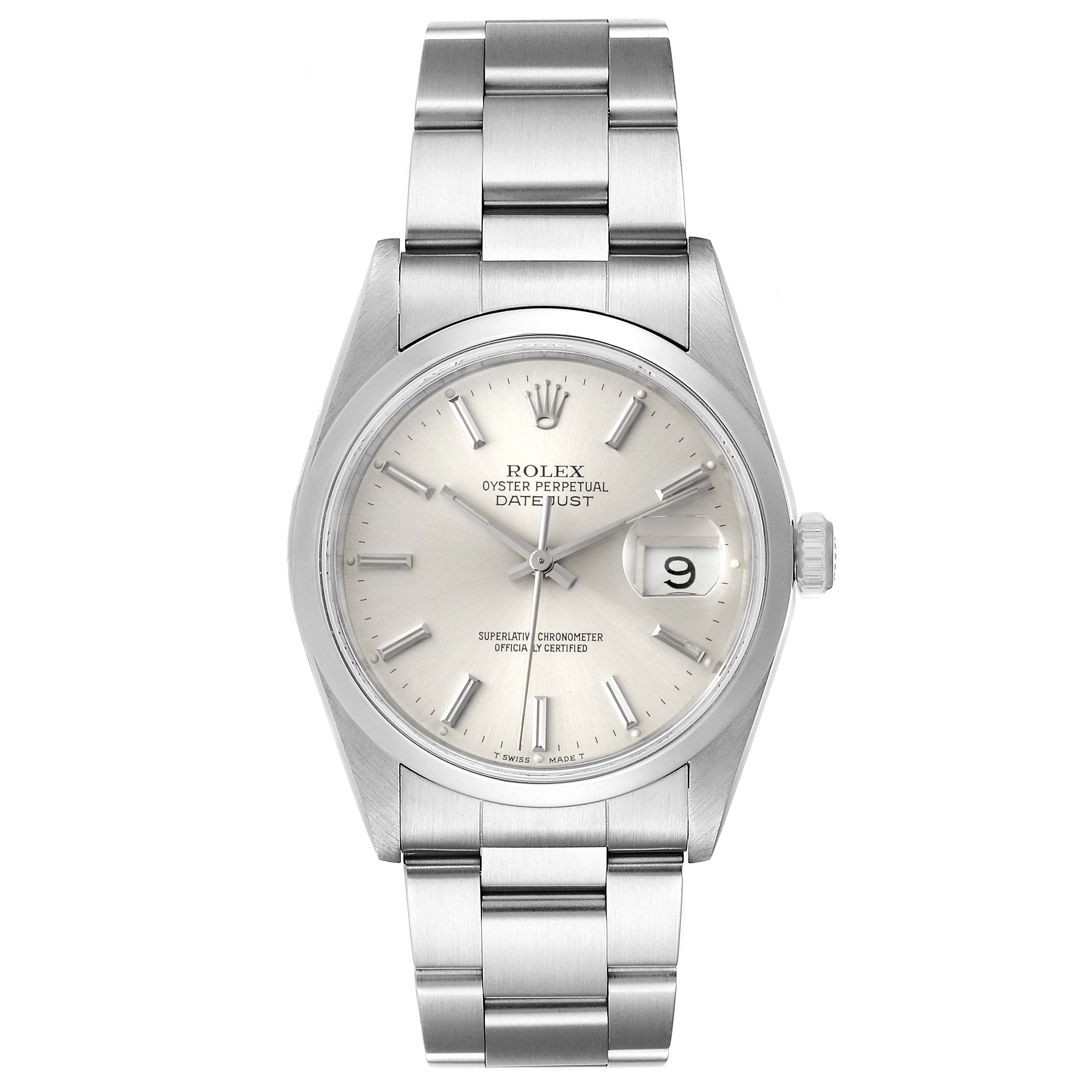 The image shows a front view of a Rolex Datejust 16200 Men's Stainless Steel Silver Dial 16200 Men's Stainless Steel Silver Dial watch, displaying its dial, bezel, case, and bracelet.