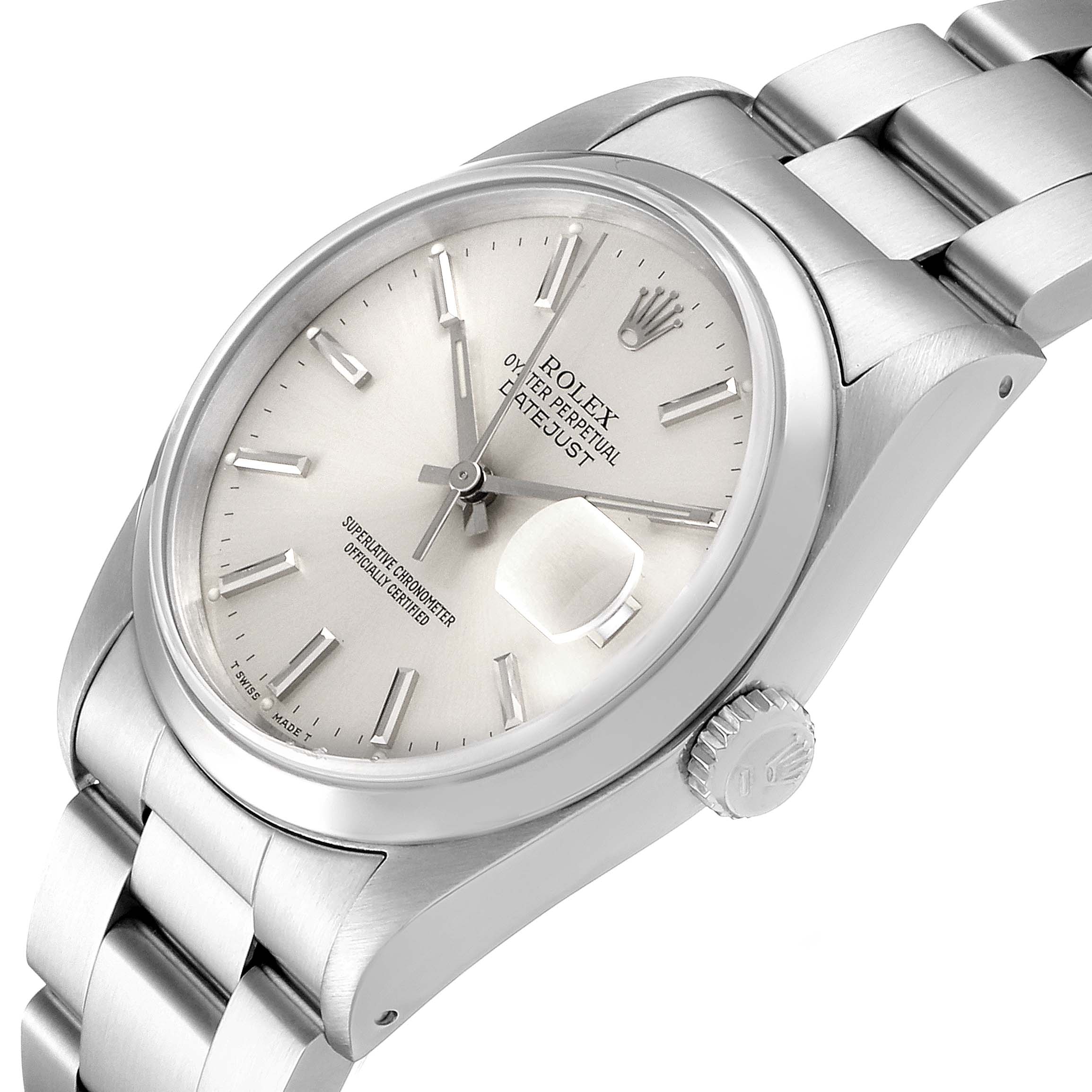 This image shows a close-up angle of a Rolex Datejust 16200 Men's Stainless Steel Silver Dial 16200 Men's Stainless Steel Silver Dial watch, highlighting the face, crown, and stainless steel bracelet.