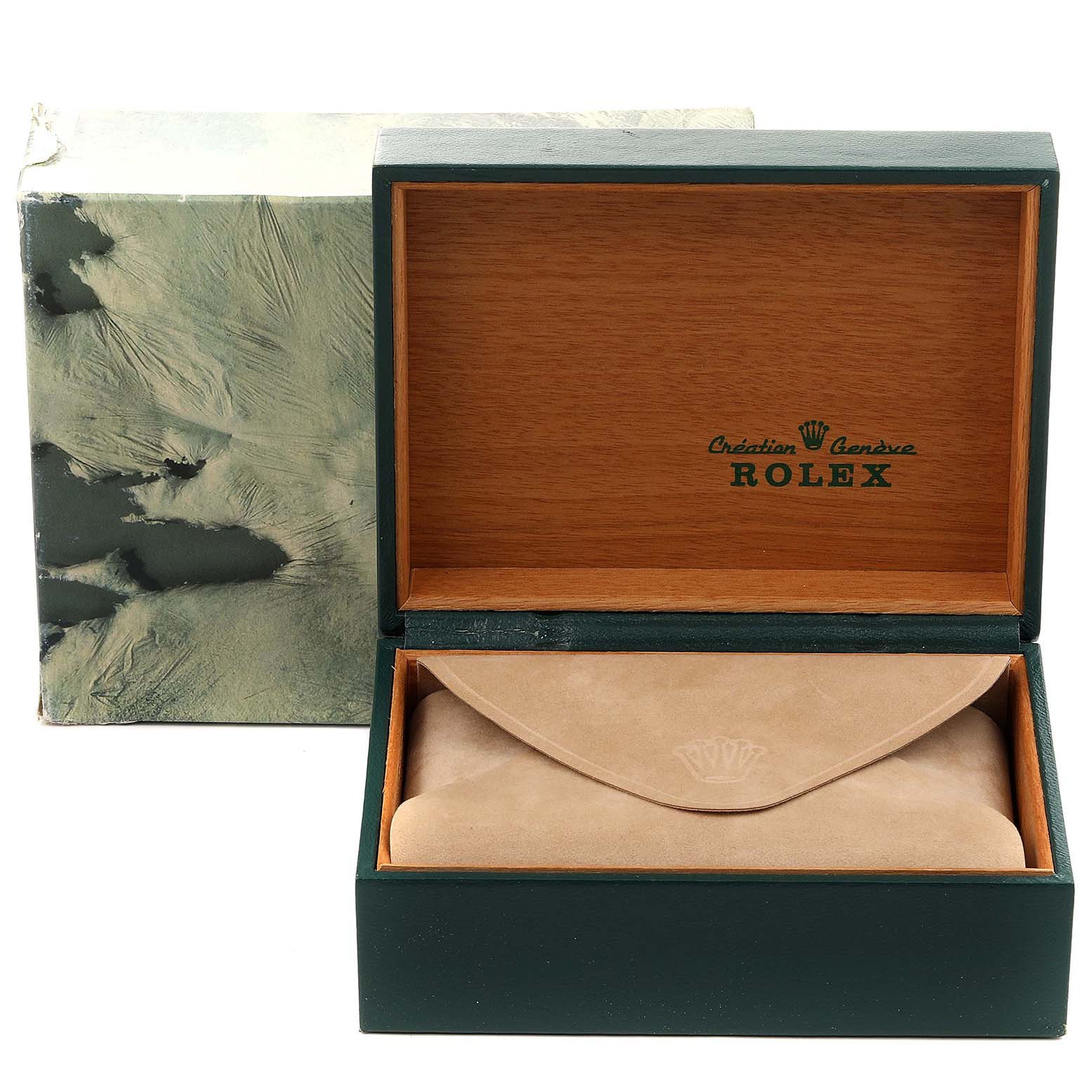 The image shows a Rolex Datejust 16200 Men's Stainless Steel Silver Dial 16200 Men's Stainless Steel Silver Dial watch box and a leather pouch inside, photographed from the front angle.