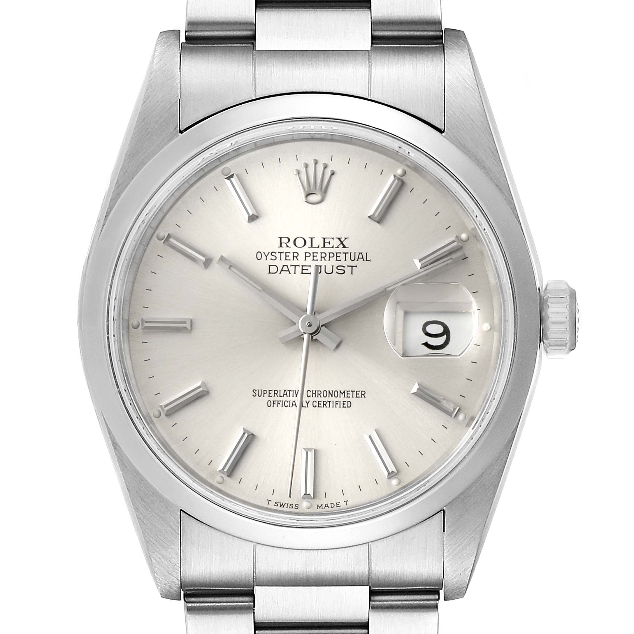 The image shows a frontal view of a Rolex Datejust 16200 Men's Stainless Steel Silver Dial 16200 Men's Stainless Steel Silver Dial watch, displaying the face, hands, date window, bezel, and part of the bracelet.