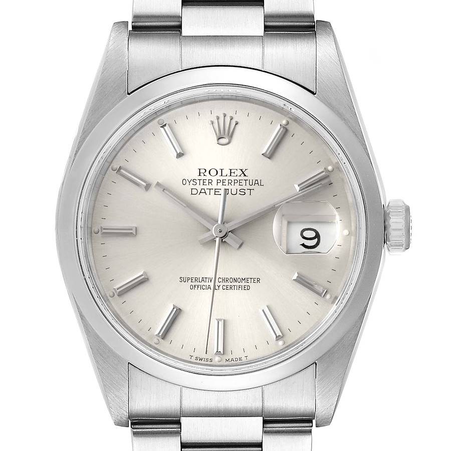 Rolex Datejust 36 Silver Baton Dial Steel Mens Watch 16200 Box SwissWatchExpo
