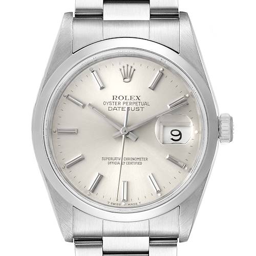Photo of Rolex Datejust 36 Silver Baton Dial Steel Mens Watch 16200 Box