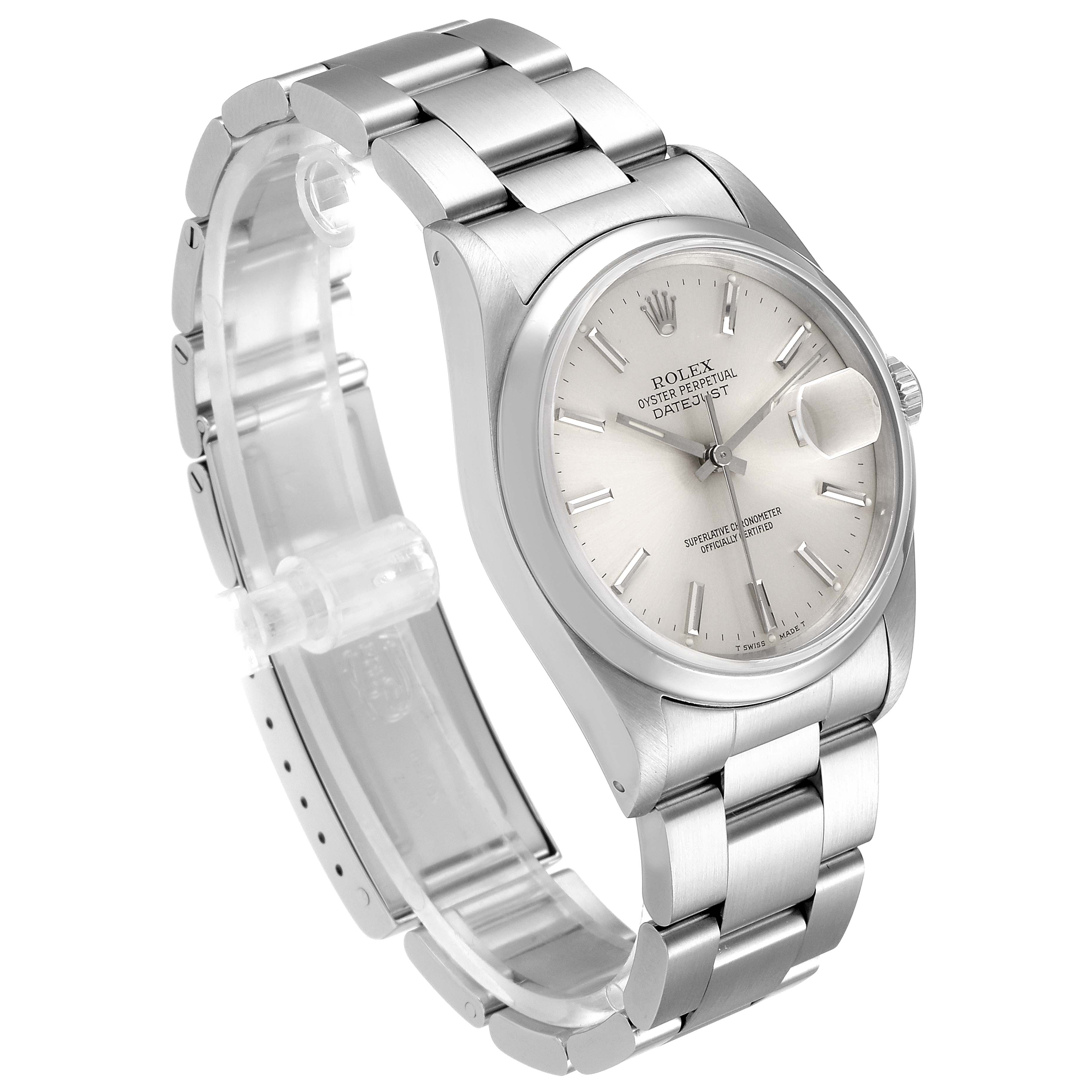 This image shows a Rolex Datejust 16200 Men's Stainless Steel Silver Dial 16200 Men's Stainless Steel Silver Dial watch from an upper front angle, highlighting the dial, bezel, and bracelet.