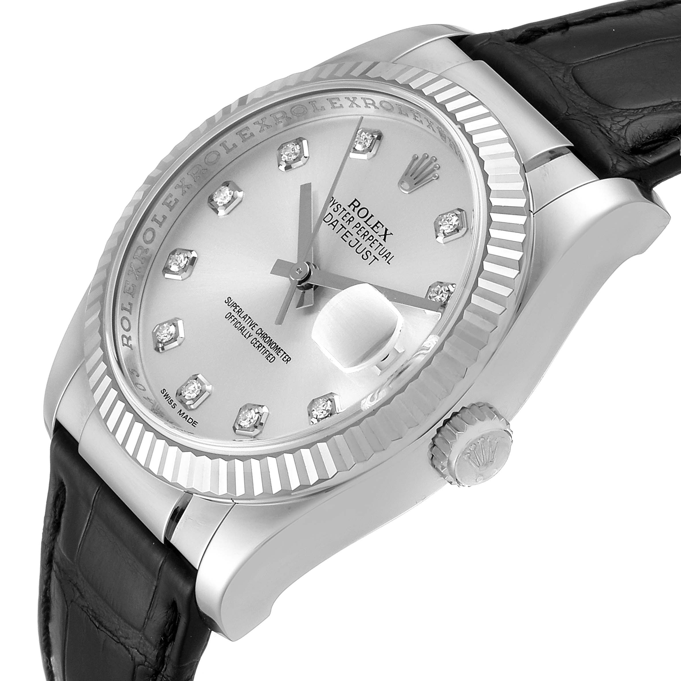 The image shows a Rolex Datejust 116139 Men
s White Gold Silver Dial 116139 Men
s White Gold Silver Dial watch from an angled perspective, highlighting the dial, bezel, crown, and leather strap.