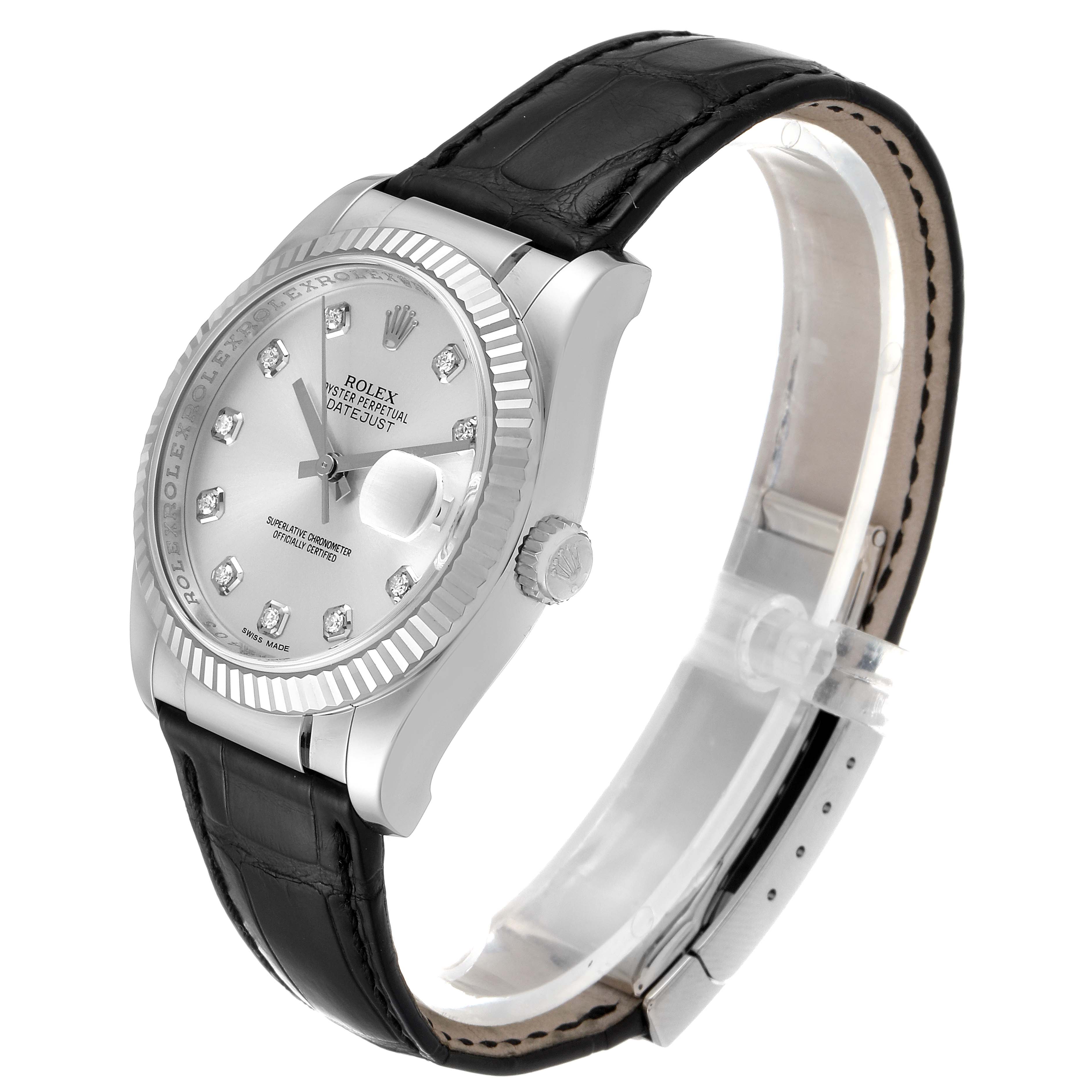 The Rolex Datejust 116139 Men
s White Gold Silver Dial 116139 Men
s White Gold Silver Dial watch is shown at a three-quarter angle, revealing the dial, bezel, crown, and leather strap.