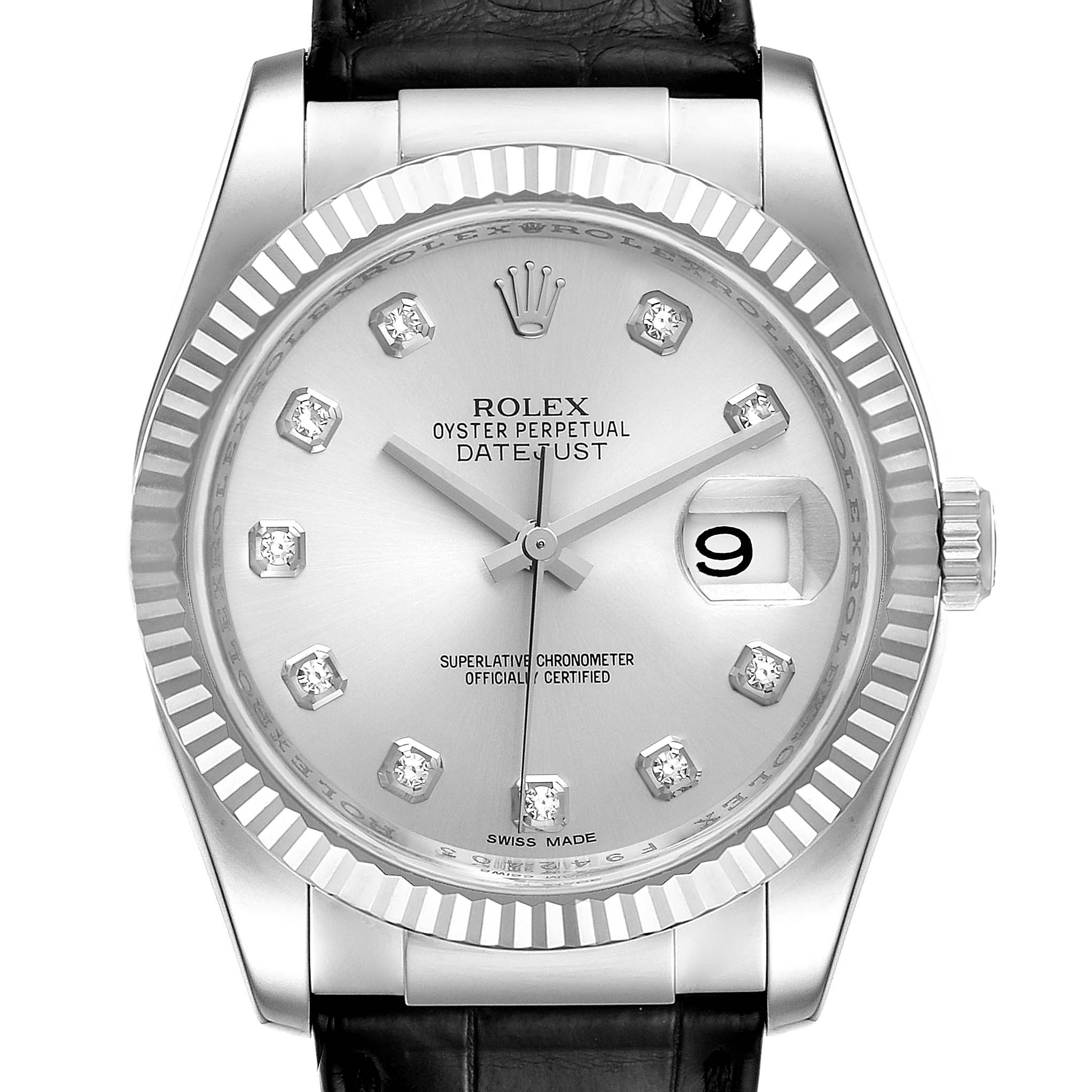 The image shows a front view of a Rolex Datejust 116139 Men
s White Gold Silver Dial 116139 Men
s White Gold Silver Dial watch, displaying the dial, fluted bezel, crown, and part of the strap.