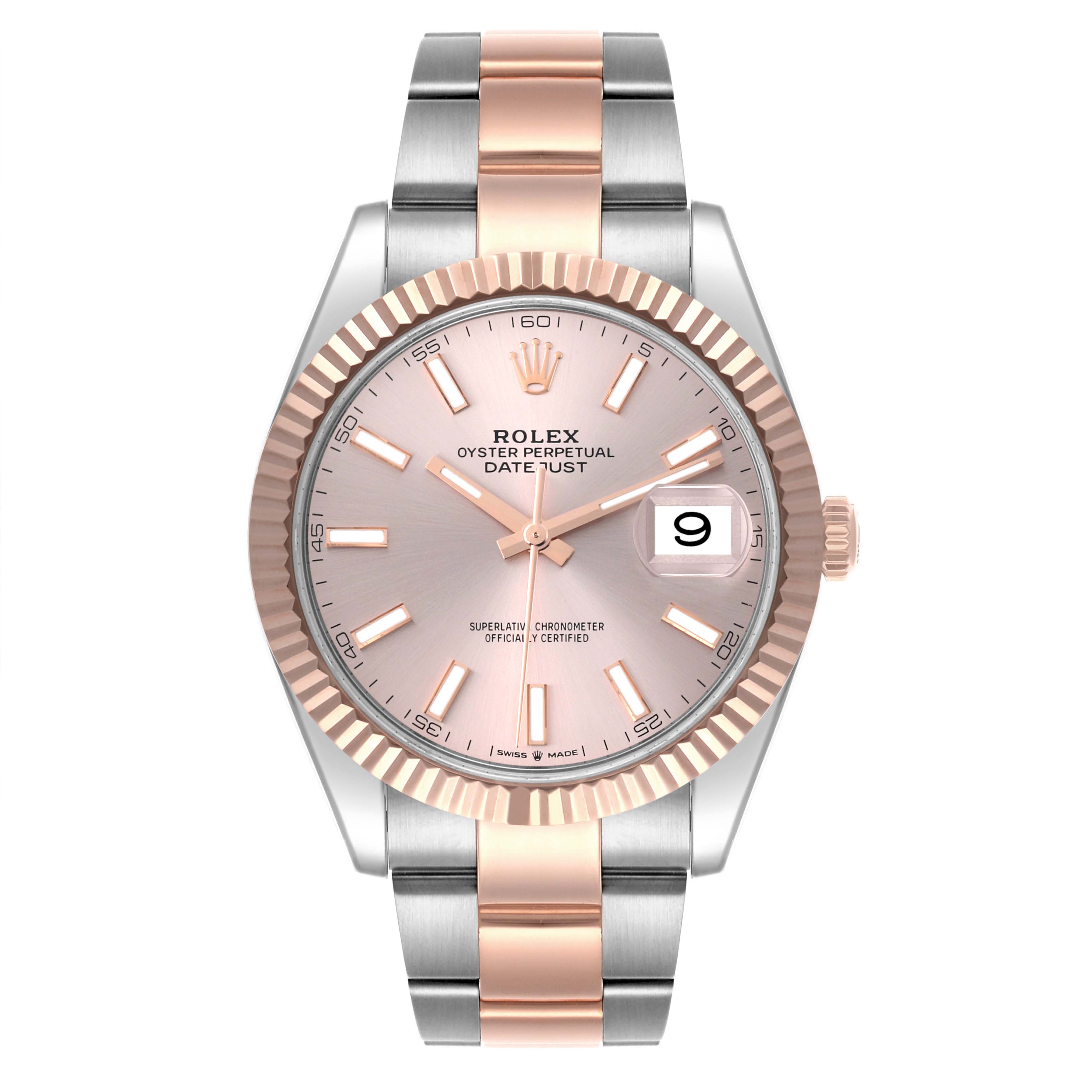 The Rolex Datejust 41 126331 Men's Steel and Gold (two tone) Pink Dial 126331 Men's Steel and Gold (two tone) Pink Dial watch is shown from the front, displaying the dial, fluted bezel, and two-tone bracelet.