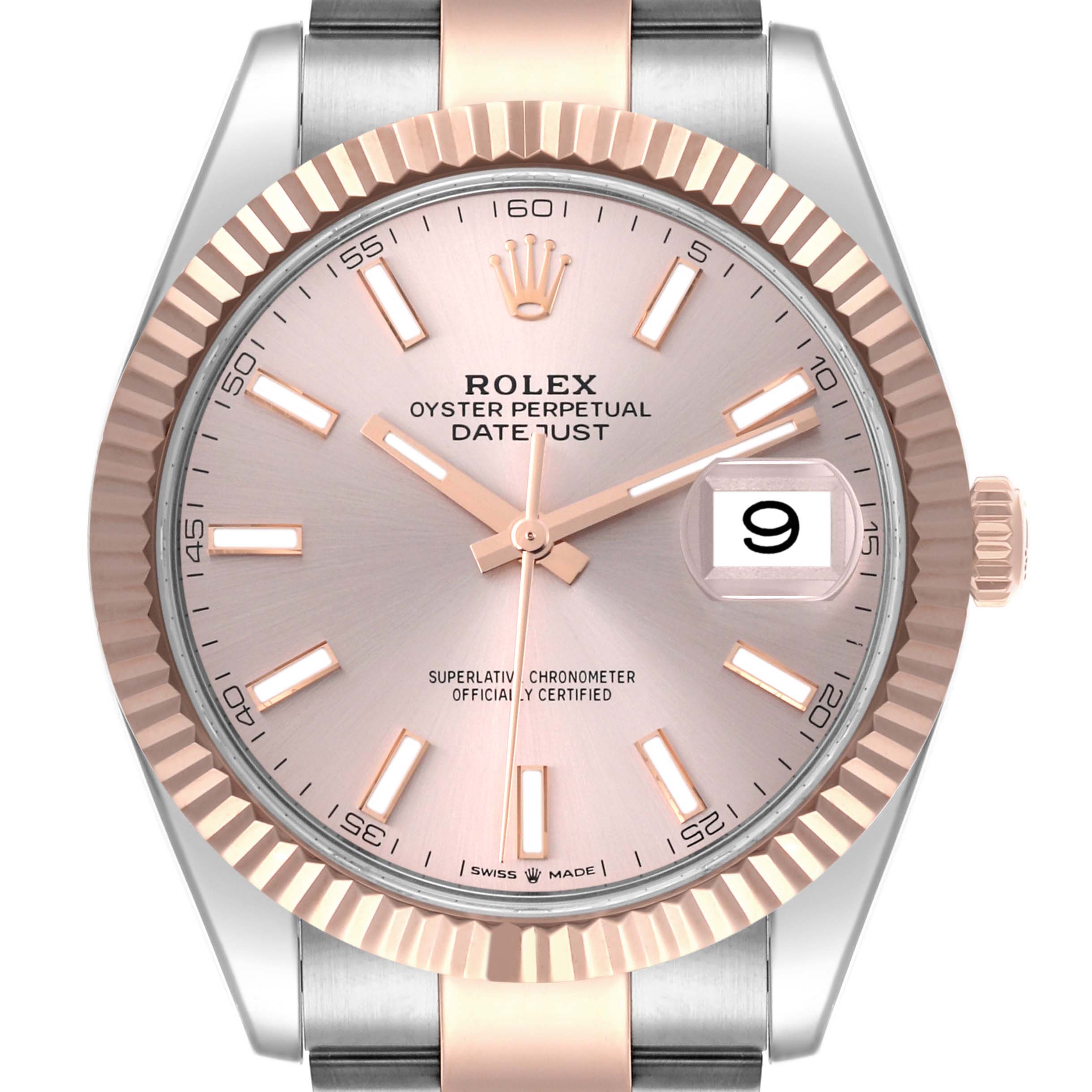 The Rolex Datejust 41 126331 Men's Steel and Gold (two tone) Pink Dial 126331 Men's Steel and Gold (two tone) Pink Dial is shown from the front, highlighting the dial, fluted bezel, crown, and part of the bracelet.