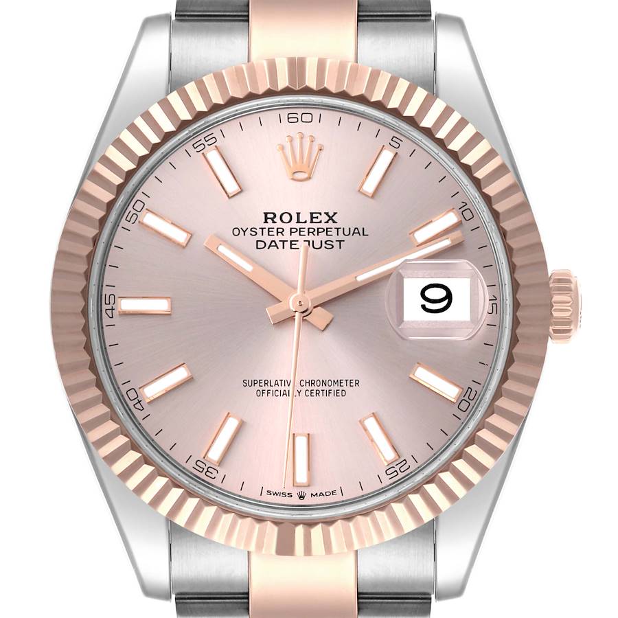 The Rolex Datejust 41 is shown from the front, highlighting the dial, fluted bezel, crown, and part of the bracelet.