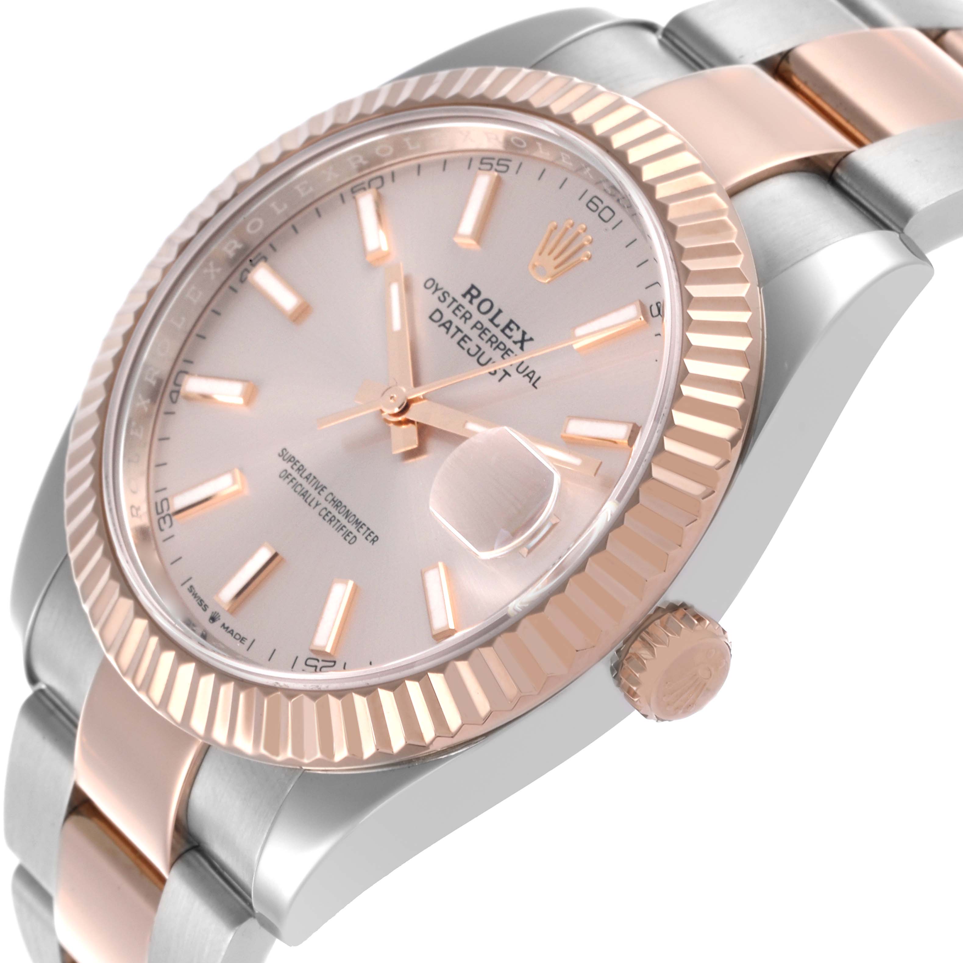 The image shows an angled close-up of a Rolex Datejust 41 126331 Men's Steel and Gold (two tone) Pink Dial 126331 Men's Steel and Gold (two tone) Pink Dial, highlighting the bezel, dial, crown, and part of the bracelet.