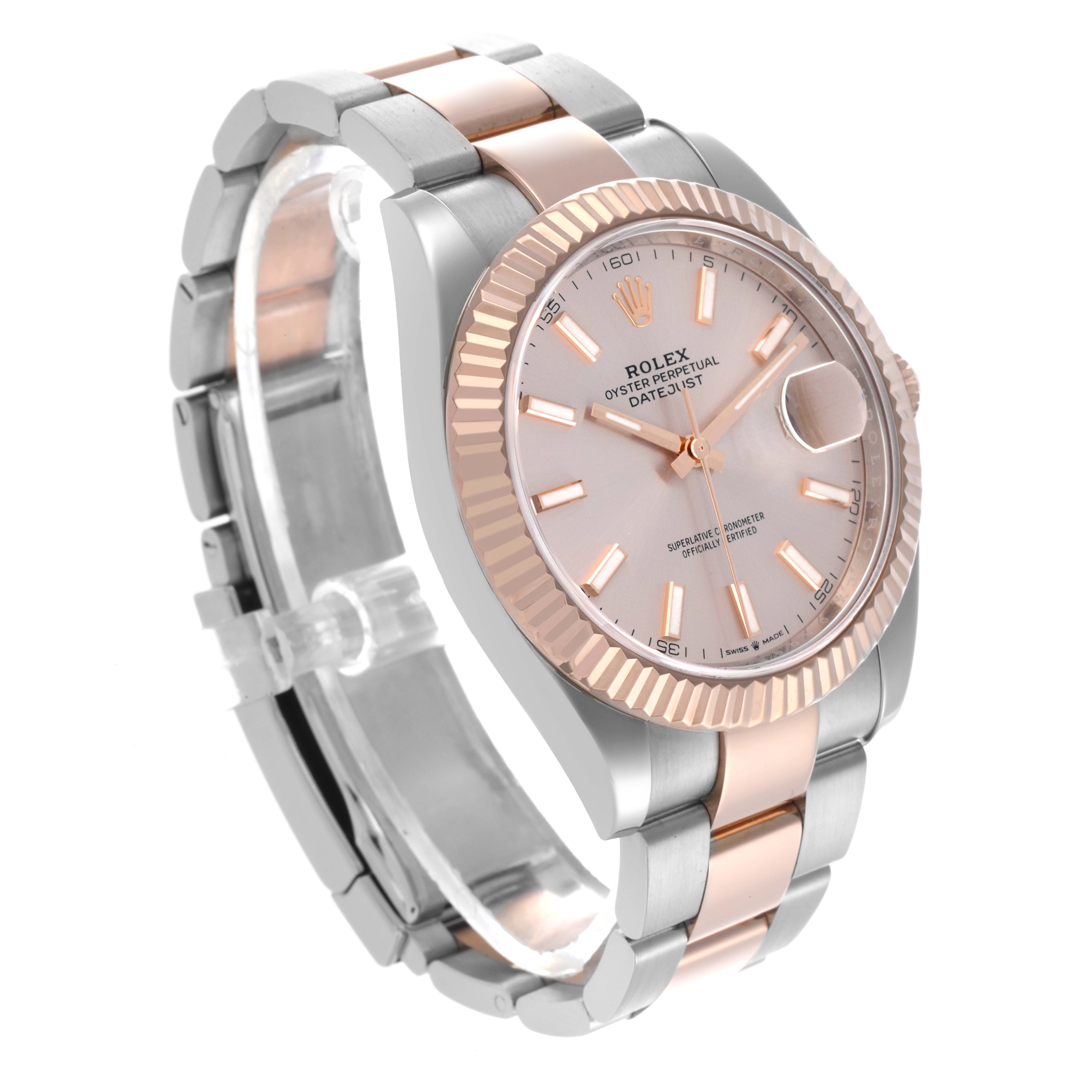 The Rolex Datejust 41 126331 Men's Steel and Gold (two tone) Pink Dial 126331 Men's Steel and Gold (two tone) Pink Dial is shown at an angled side view, highlighting its fluted bezel, jubilee bracelet, and dial.