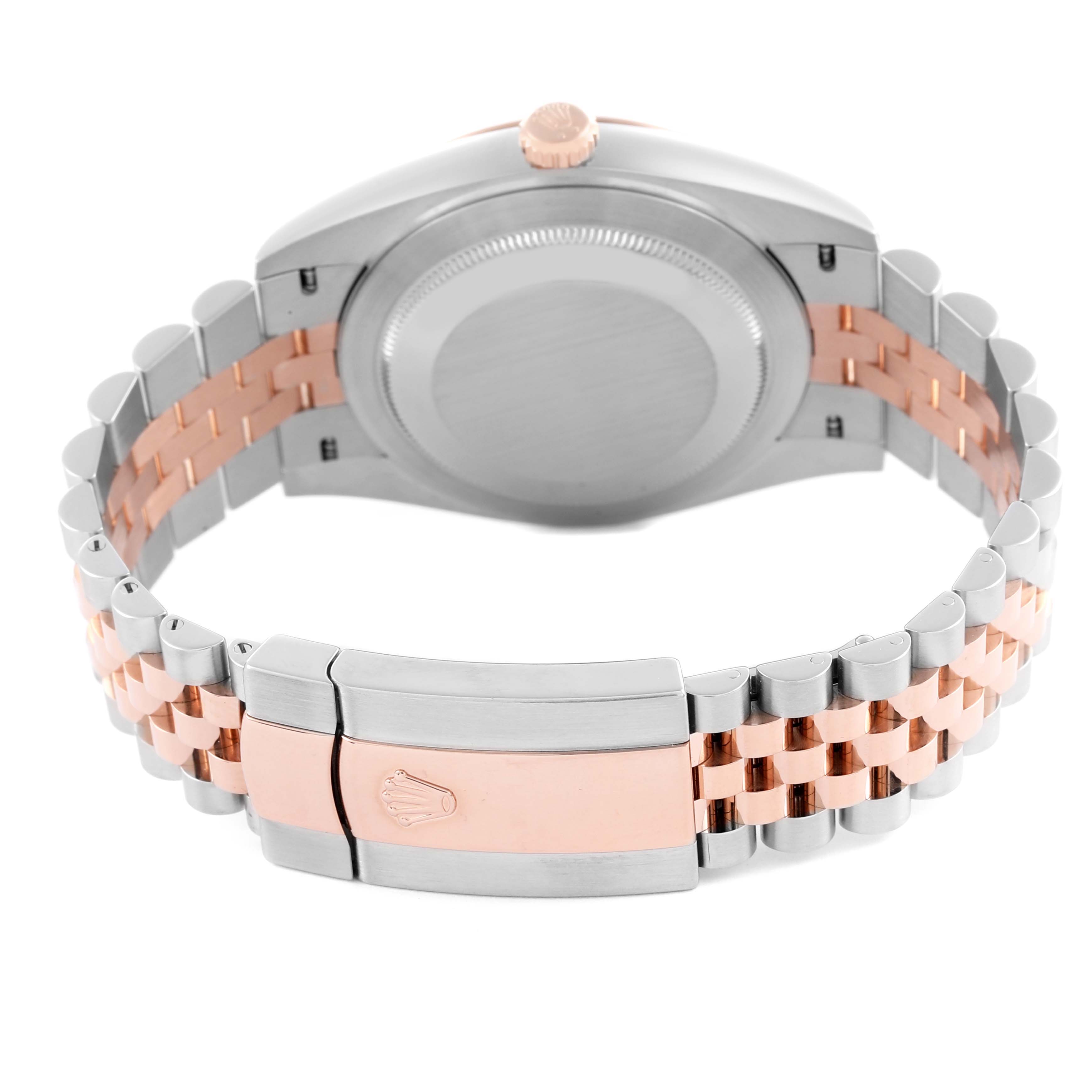 The image shows the back view of a Rolex Datejust 41 126331 Men's Steel and Gold (two tone) Pink Dial 126331 Men's Steel and Gold (two tone) Pink Dial, highlighting the case, clasp, and two-tone bracelet.