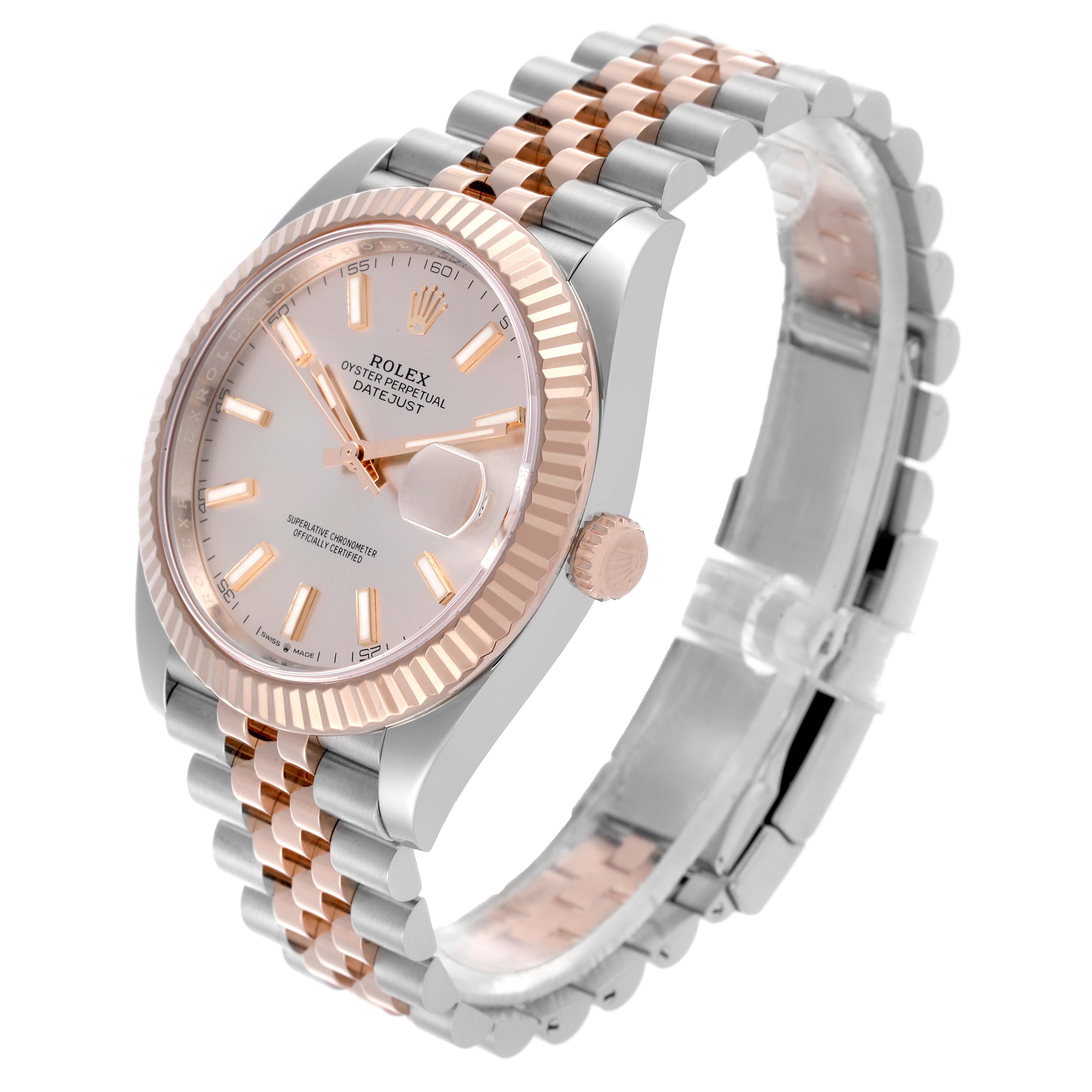 The Rolex Datejust 41 126331 Men's Steel and Gold (two tone) Pink Dial 126331 Men's Steel and Gold (two tone) Pink Dial is shown from an angled side view, highlighting the dial, fluted bezel, and two-tone Jubilee bracelet.