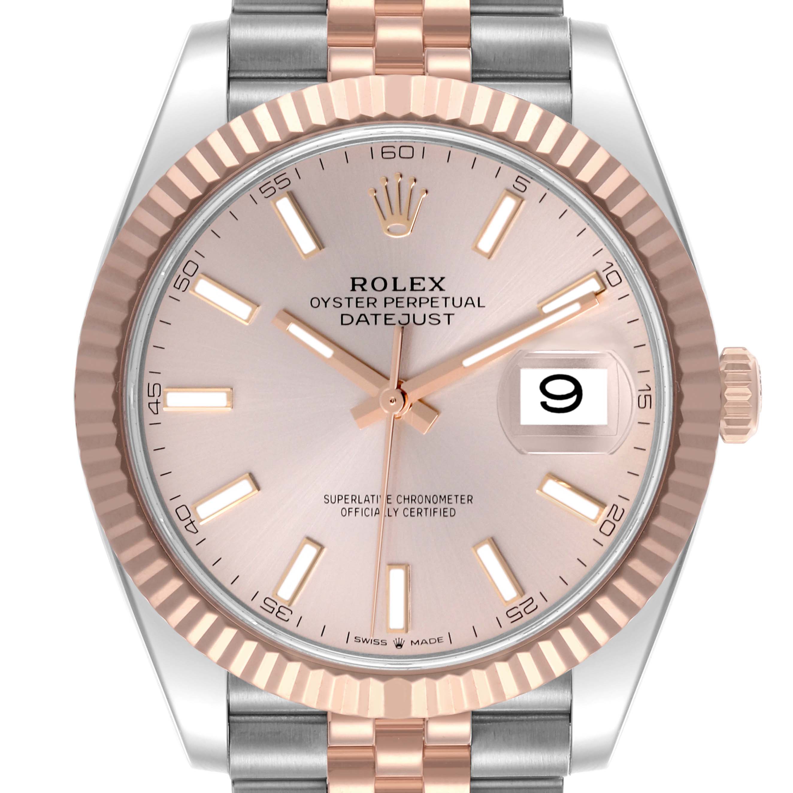 The Rolex Datejust 41 126331 Men's Steel and Gold (two tone) Pink Dial 126331 Men's Steel and Gold (two tone) Pink Dial is shown from a front angle, highlighting the dial, hands, bezel, and bracelet.