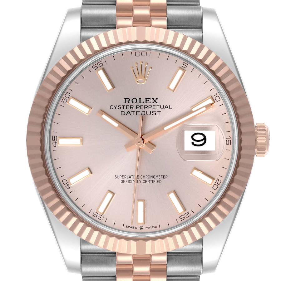 The Rolex Datejust 41 is shown from a front angle, highlighting the dial, hands, bezel, and bracelet.