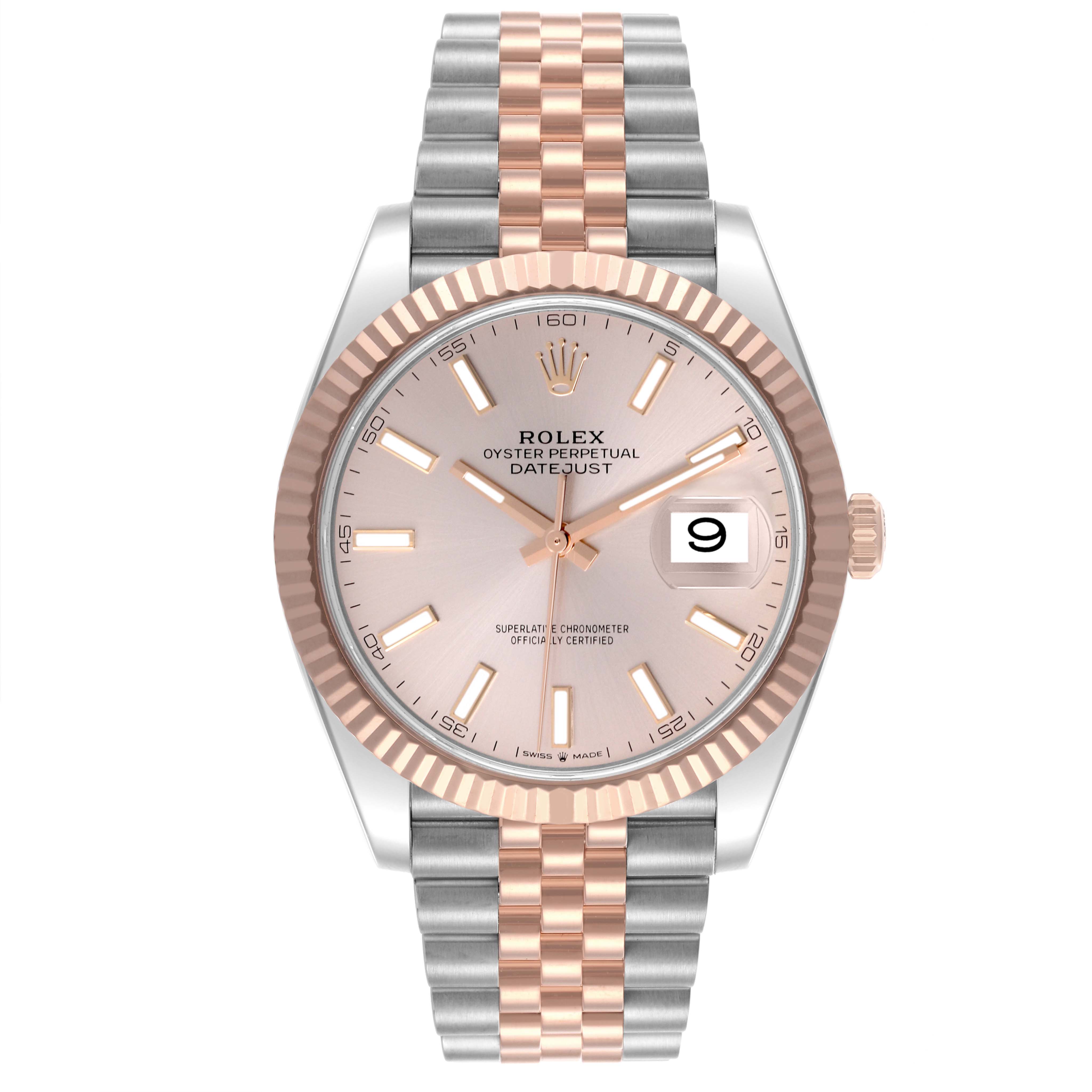 The Rolex Datejust 41 126331 Men's Steel and Gold (two tone) Pink Dial 126331 Men's Steel and Gold (two tone) Pink Dial is shown from a front angle, highlighting the dial, bezel, and two-tone bracelet.