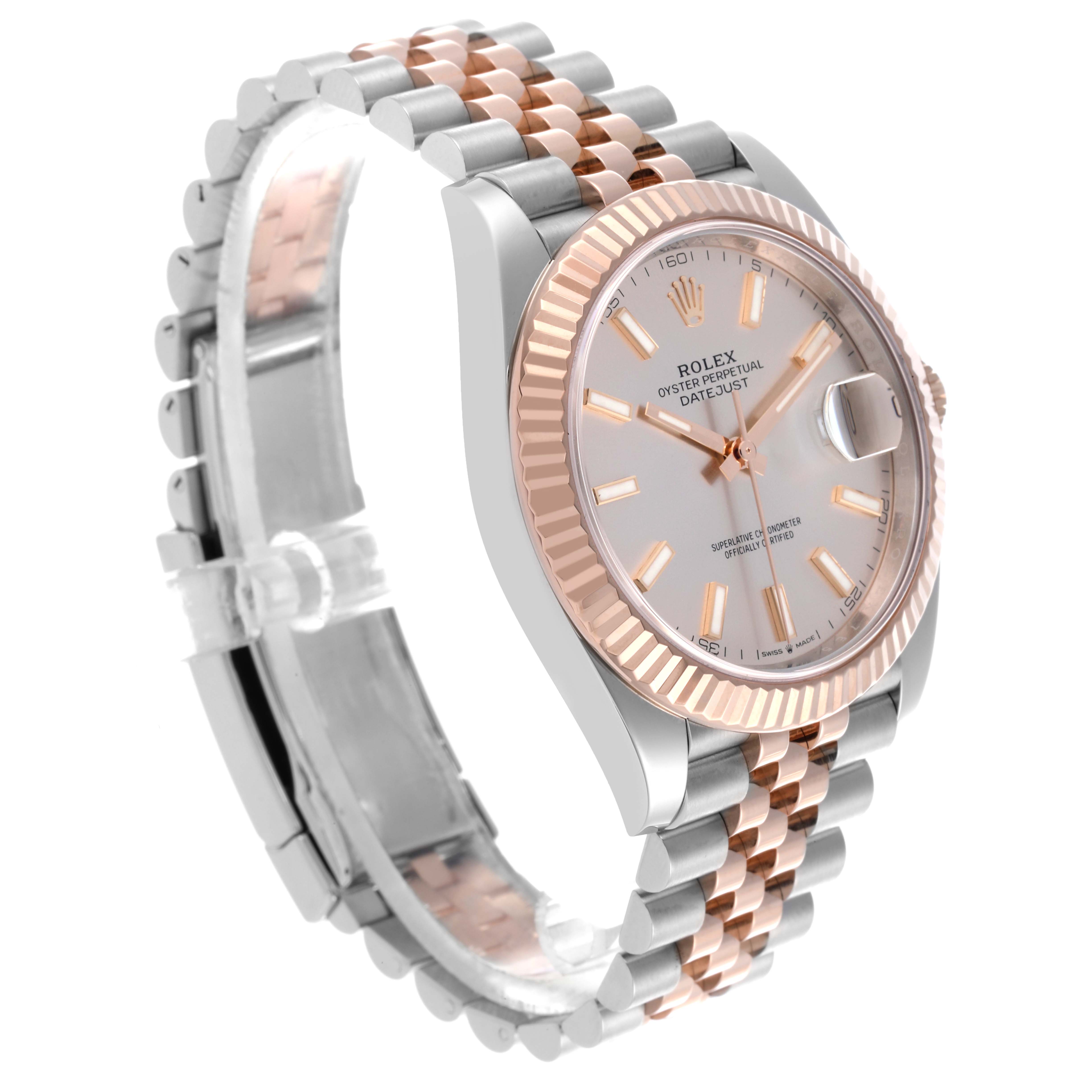 The Rolex Datejust 41 126331 Men's Steel and Gold (two tone) Pink Dial 126331 Men's Steel and Gold (two tone) Pink Dial is shown from a side angle, highlighting the case, bezel, and Jubilee bracelet.