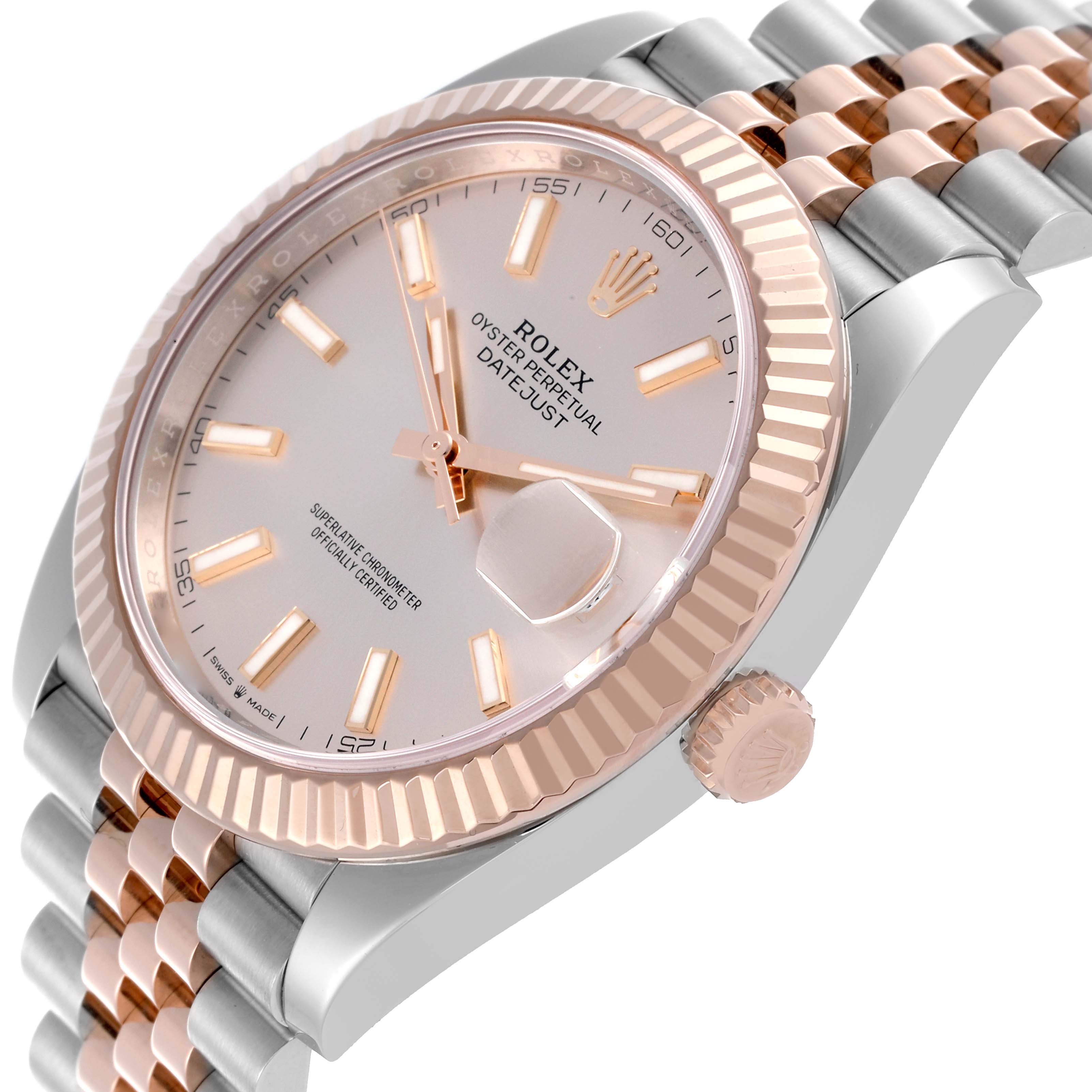 The Rolex Datejust 41 126331 Men's Steel and Gold (two tone) Pink Dial 126331 Men's Steel and Gold (two tone) Pink Dial is shown from a side angle, highlighting the dial, fluted bezel, crown, and two-tone bracelet.