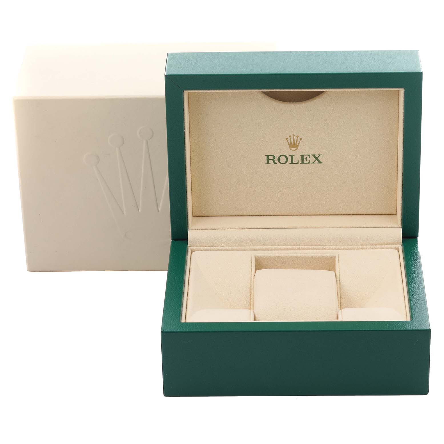 The image shows an open green Rolex box for the Datejust 41 model, highlighting its interior compartments.