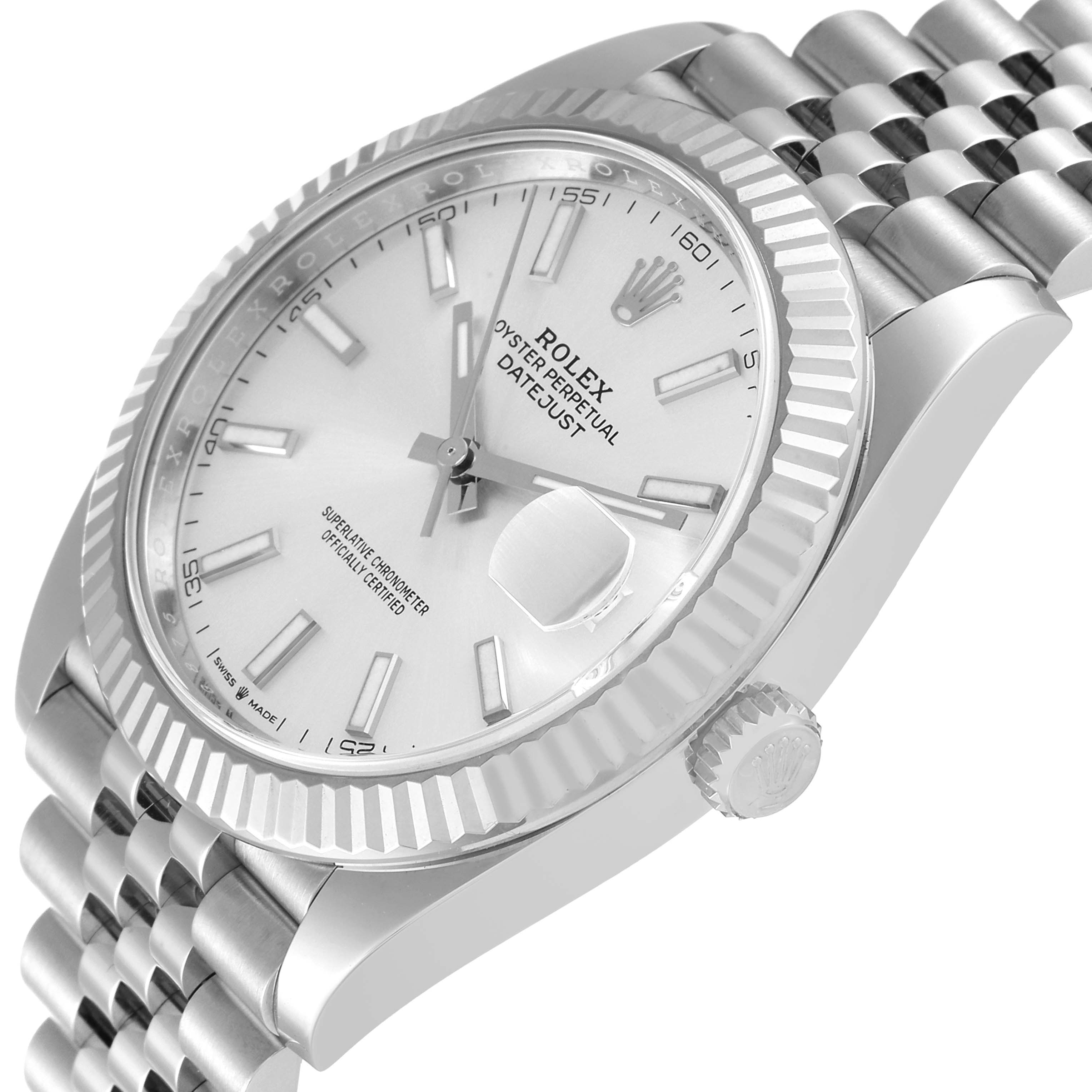 The image shows the Rolex Datejust 41 126334 Men's Stainless Steel Silver Dial 126334 Men's Stainless Steel Silver Dial watch at an angled view, highlighting the dial, bezel, and part of the Jubilee bracelet.